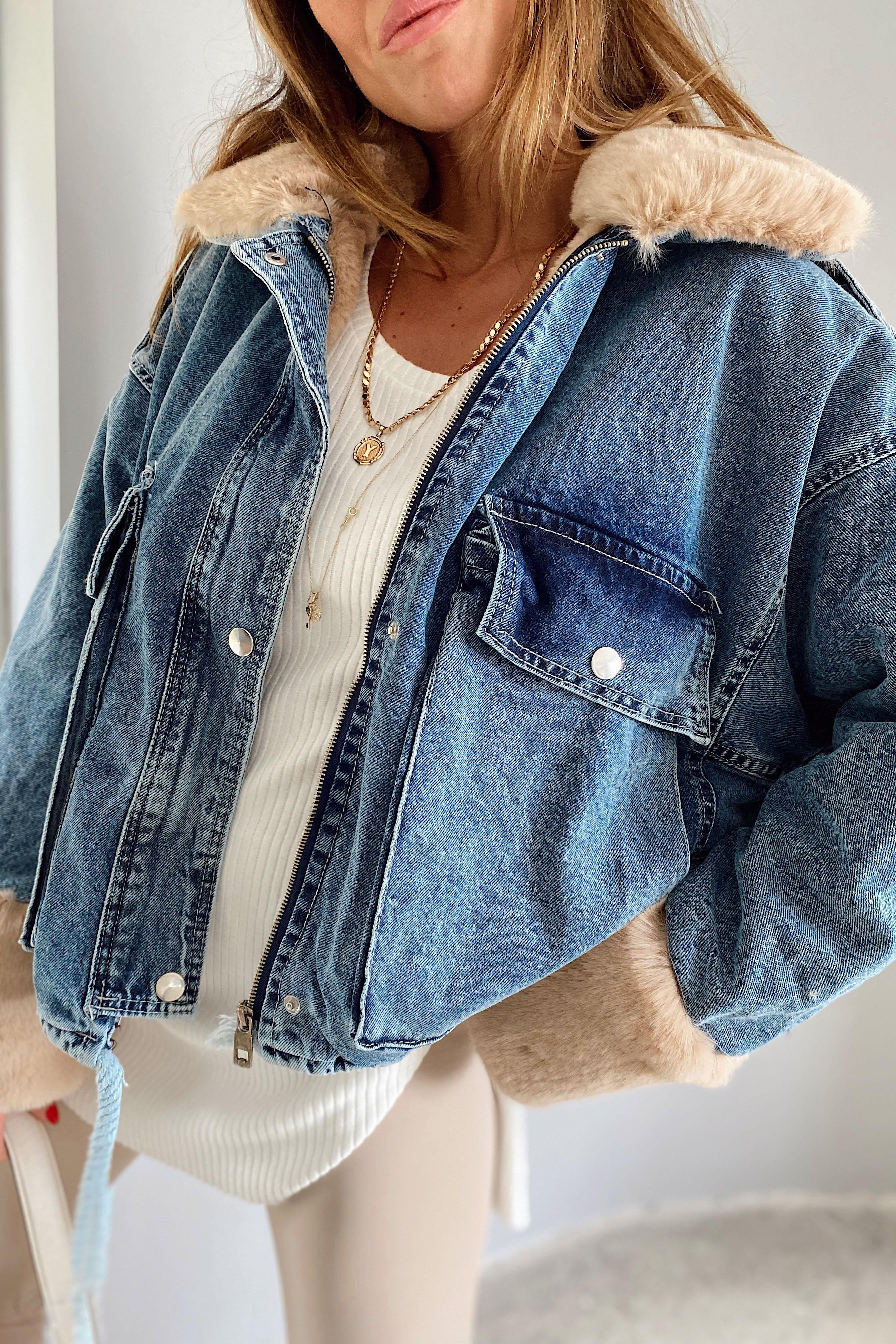 Camel Kürklü Denim Kadın Ceket Mavi