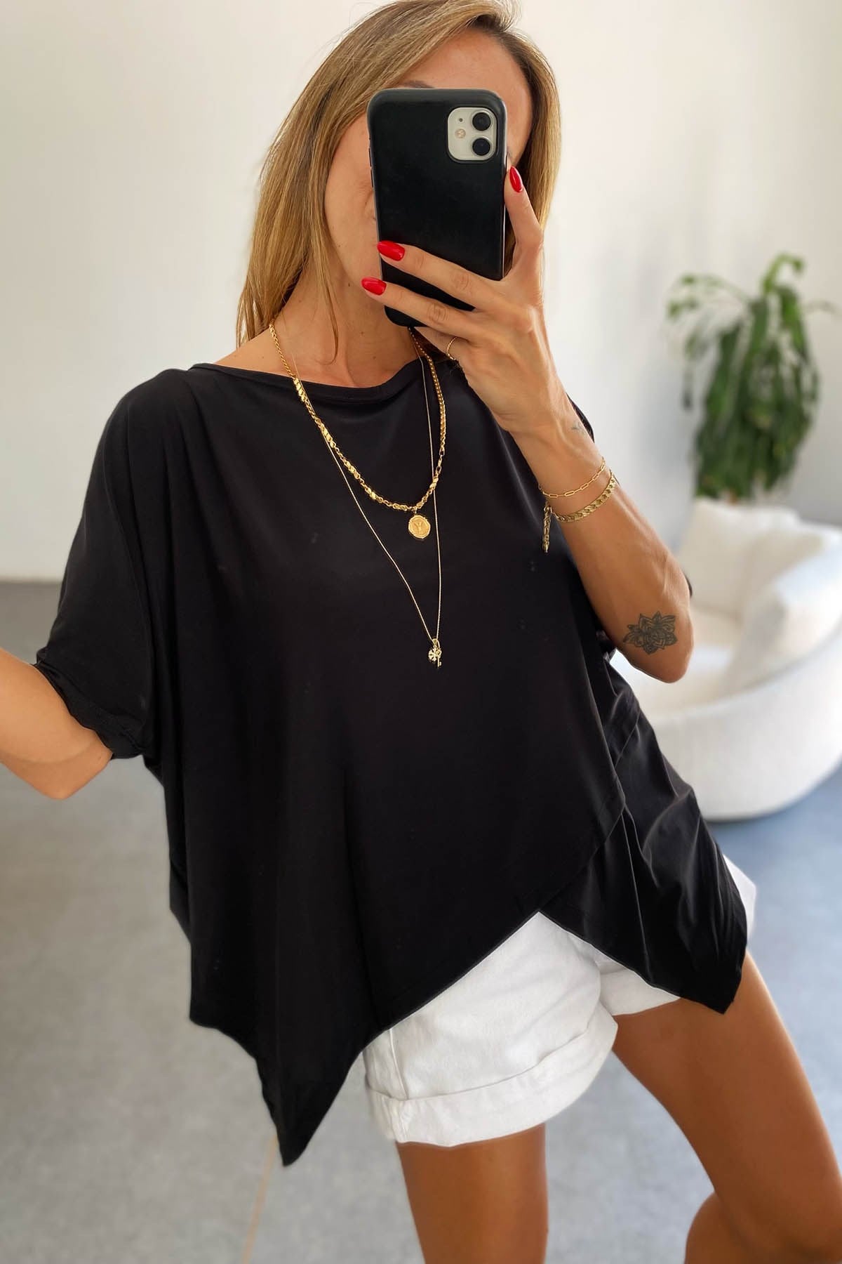 Çapraz Kesim Oversize Bluz Siyah