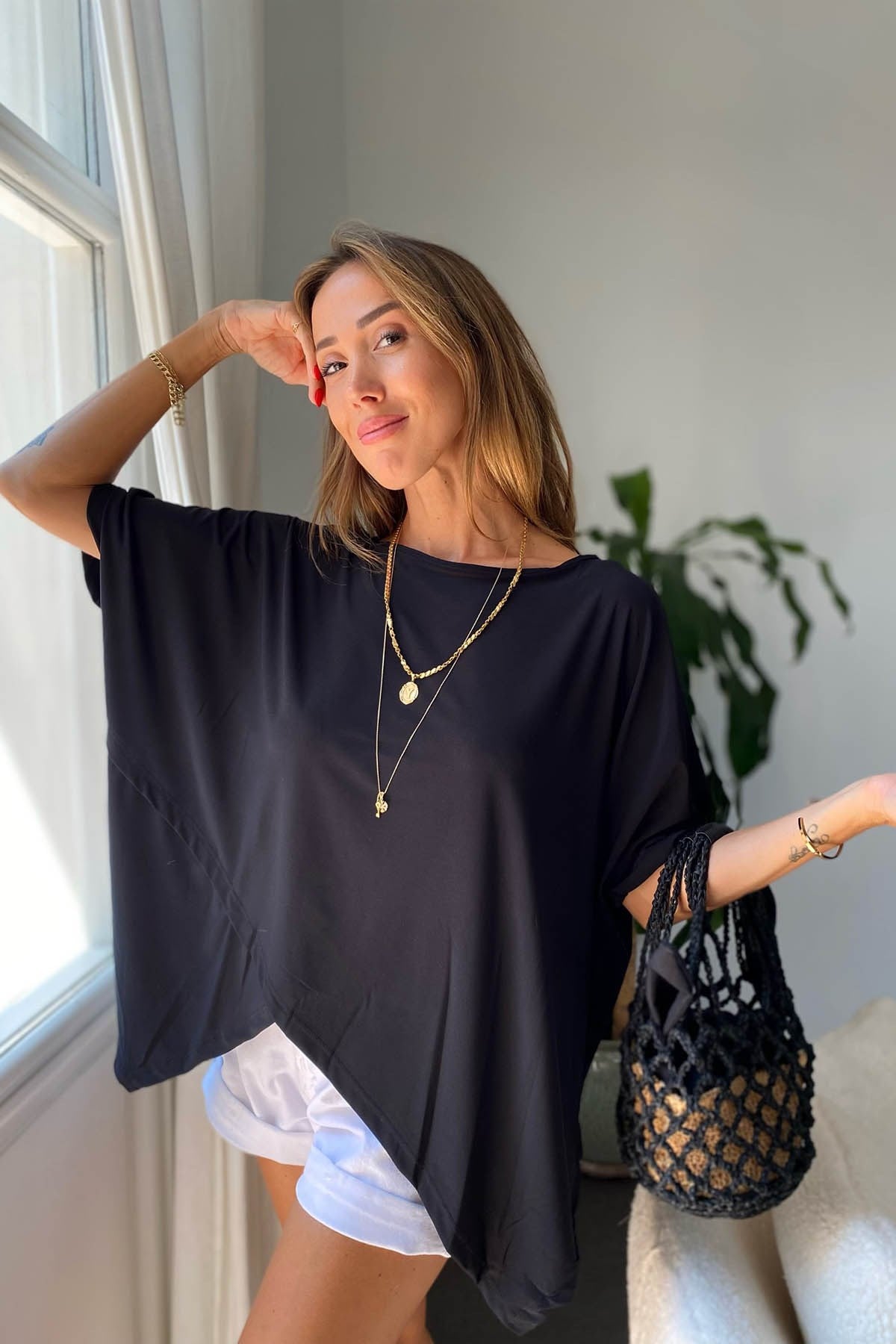 Çapraz Kesim Oversize Bluz Siyah