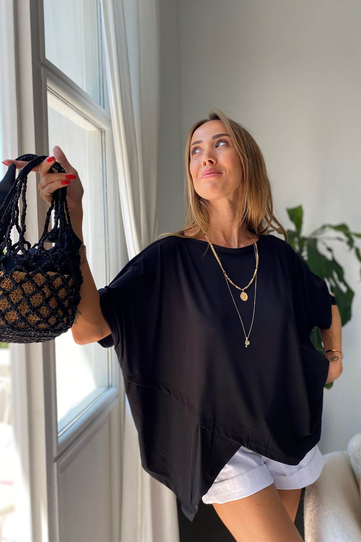 Çapraz Kesim Oversize Bluz Siyah