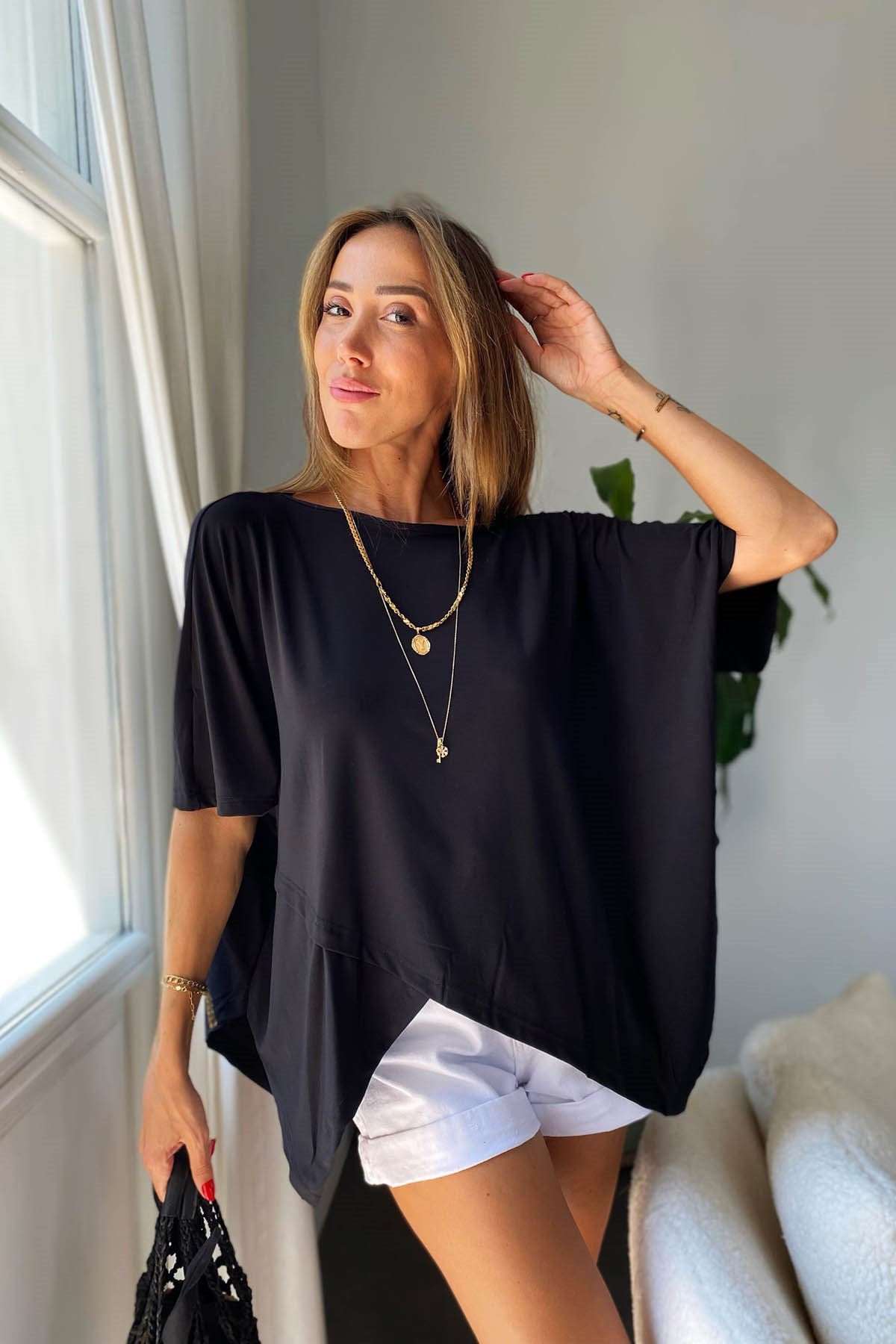 Çapraz Kesim Oversize Bluz Siyah