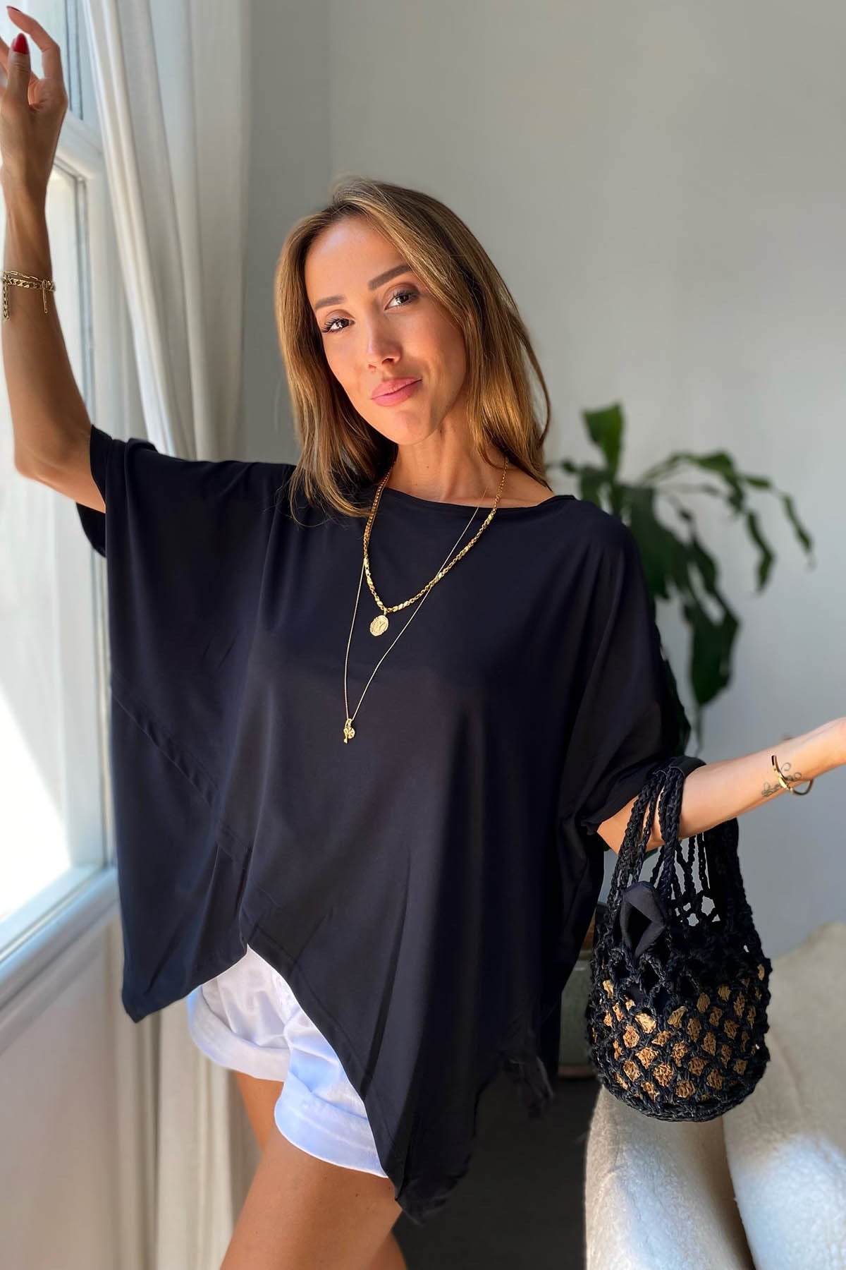 Çapraz Kesim Oversize Bluz Siyah
