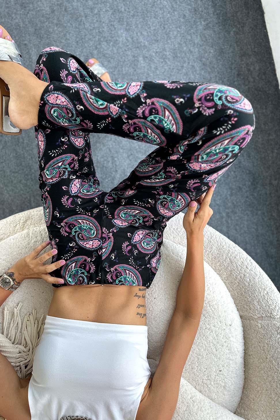 Çiçek Desen Beli Lastikli Salaş Pantolon Siyah