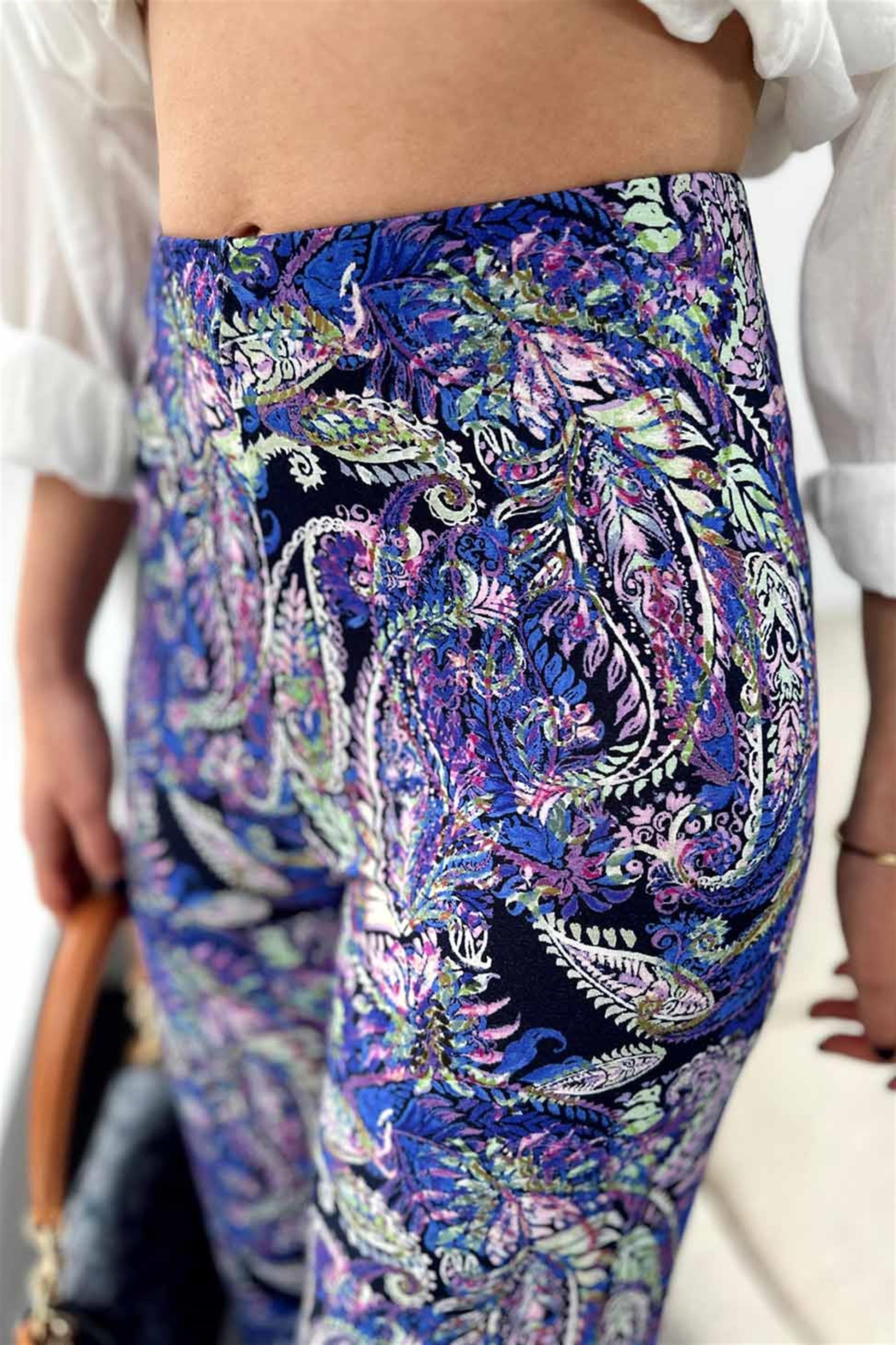 Çiçek Desen Beli Lastikli Salaş Pantolon Lila