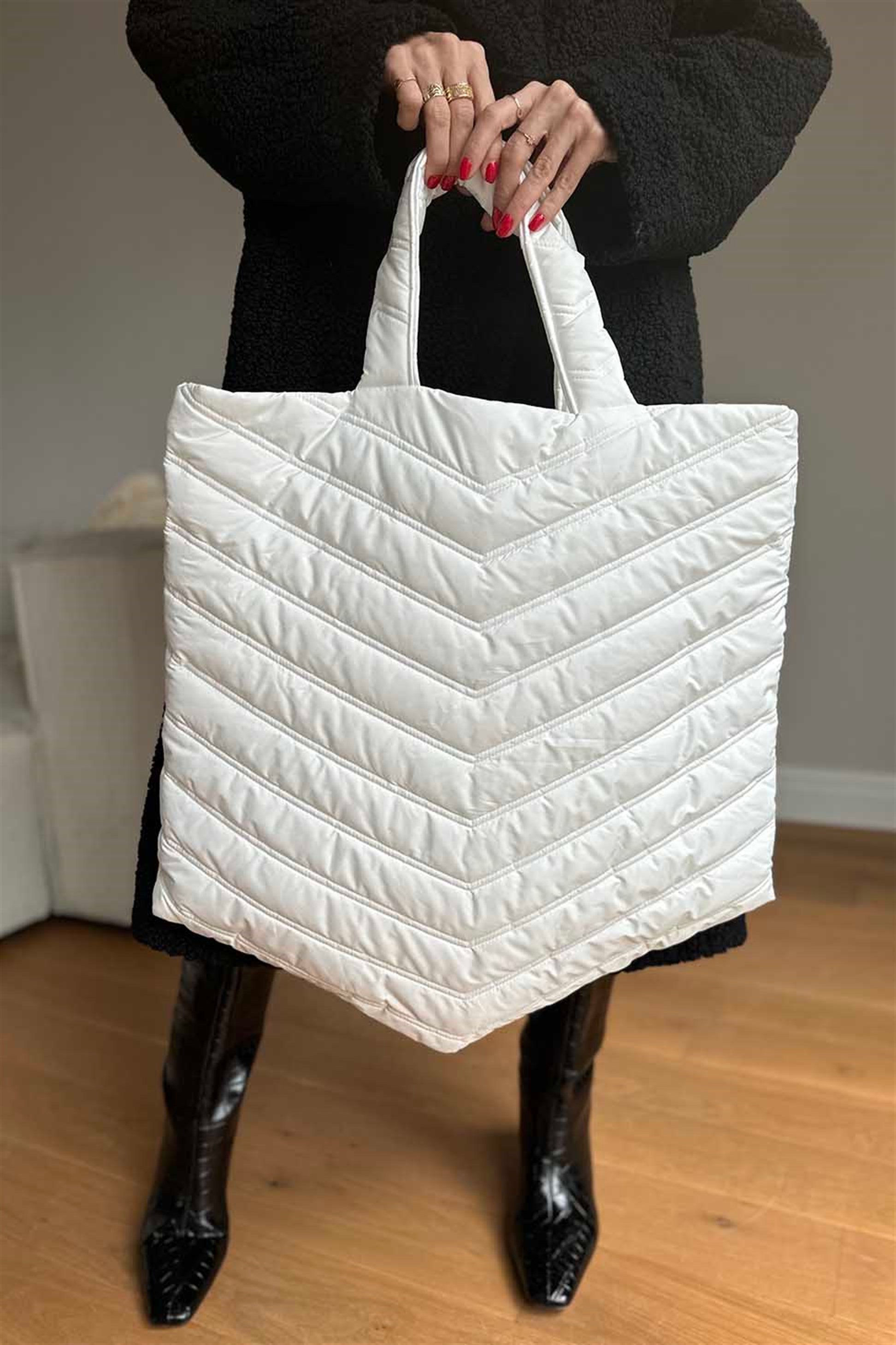 Çift Dikiş Desenli Tote Çanta Beyaz