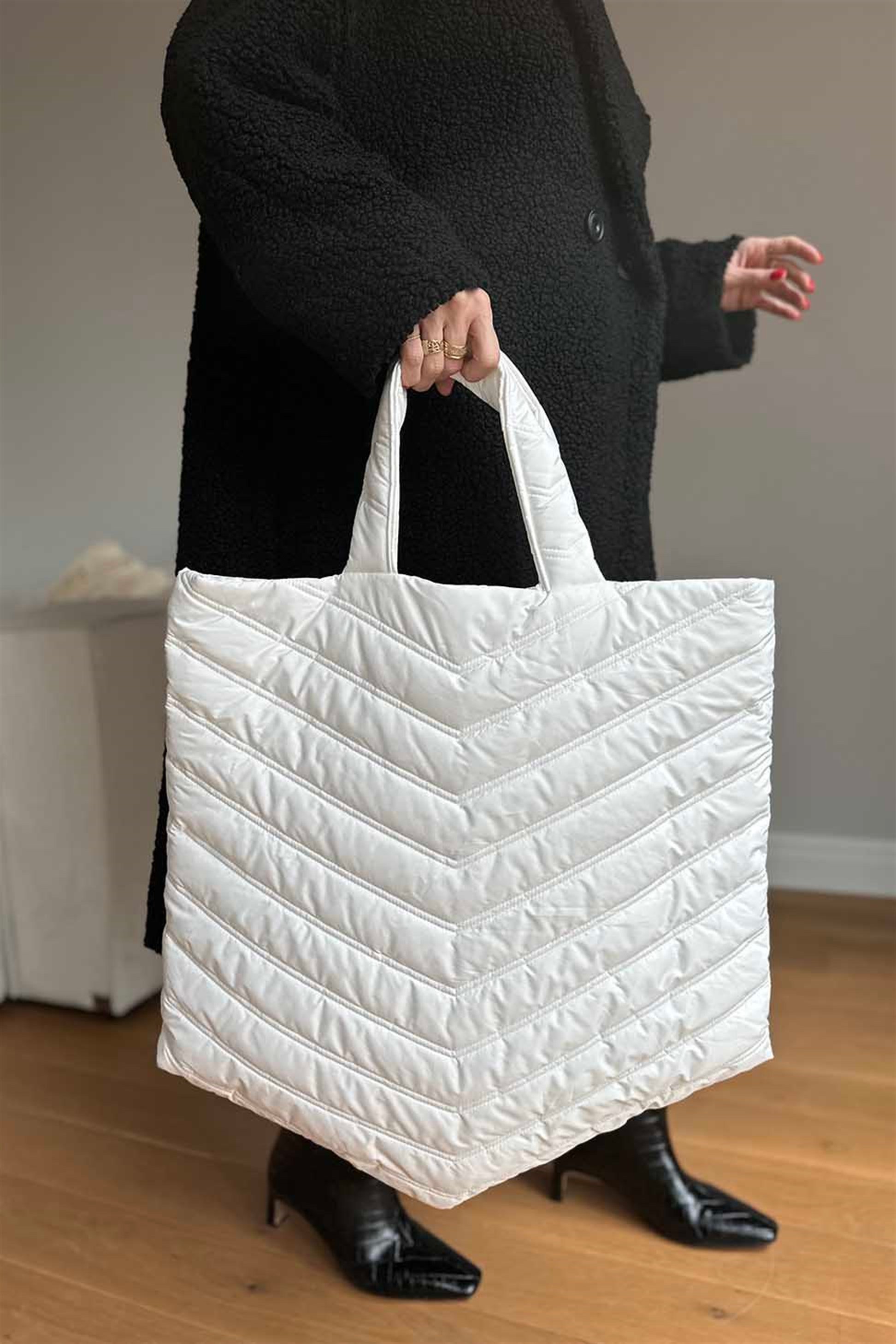 Çift Dikiş Desenli Tote Çanta Beyaz