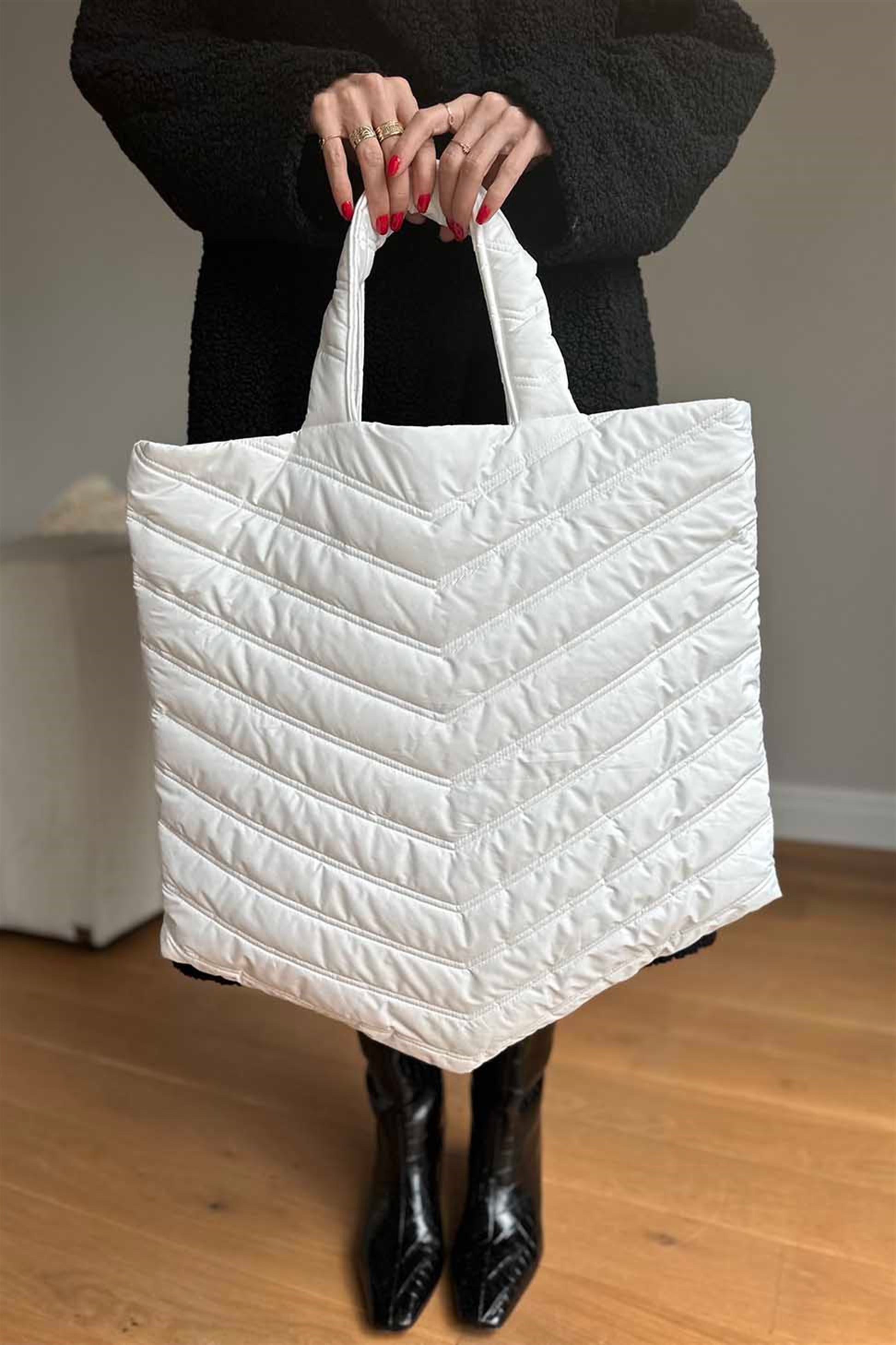 Çift Dikiş Desenli Tote Çanta Beyaz