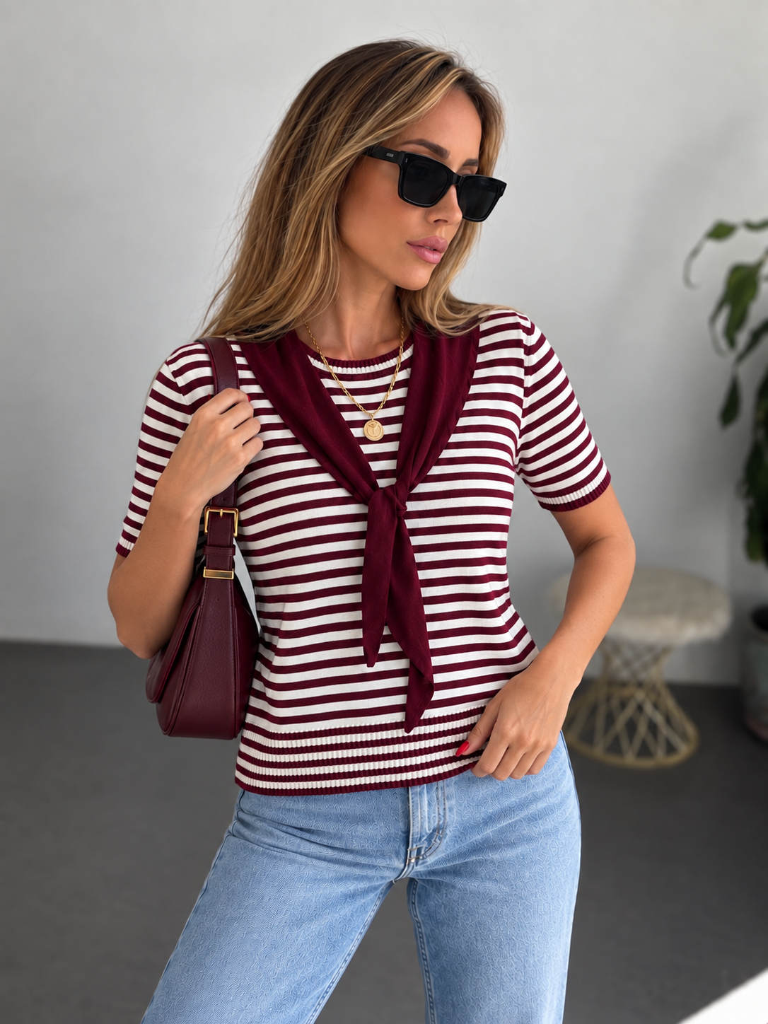 Çıkarılabilir Fular Detaylı Çizgili Triko Bordo