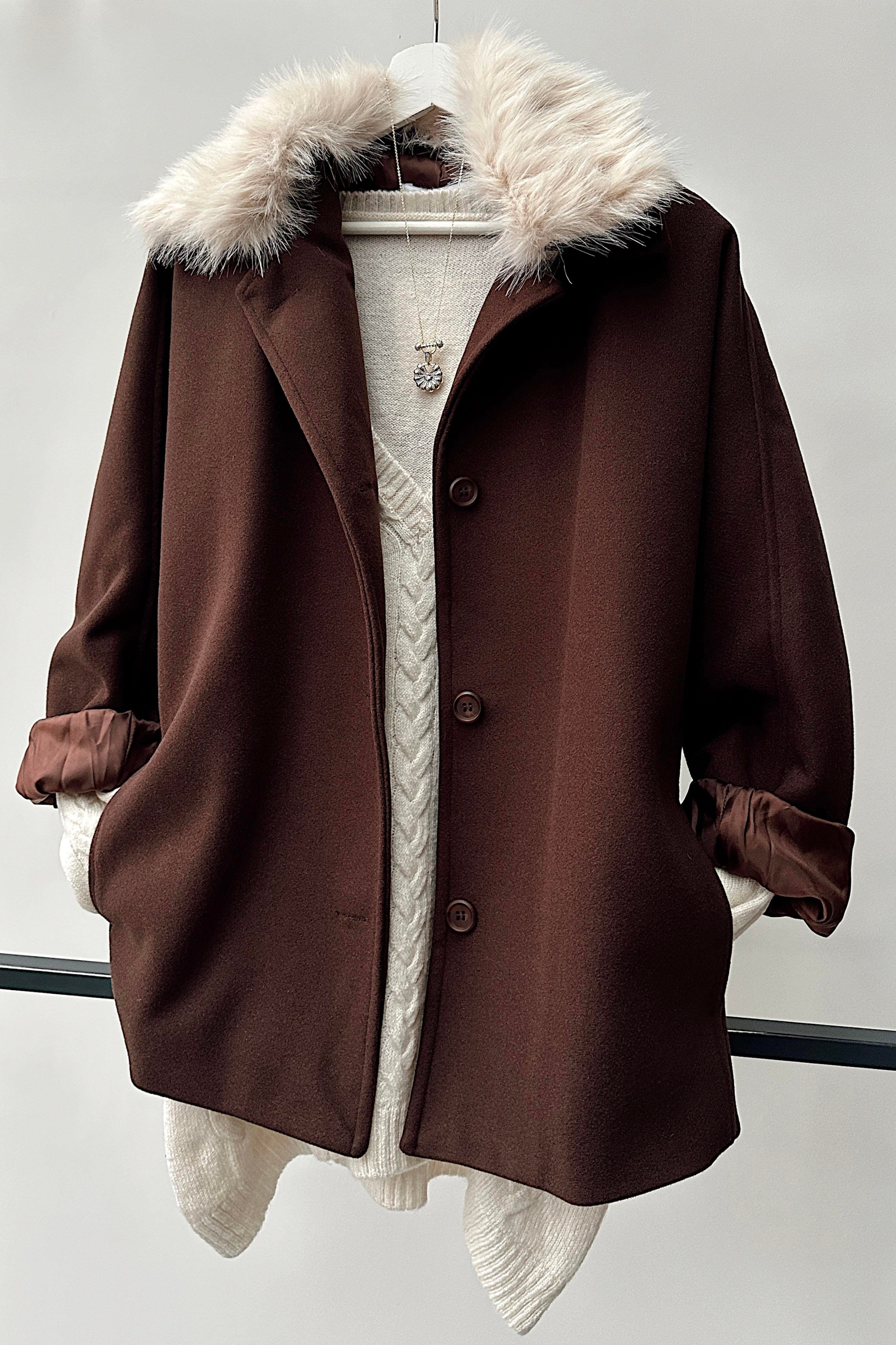 Çıkarılabilir Kürk Yakalı Kaban Acı Kahve