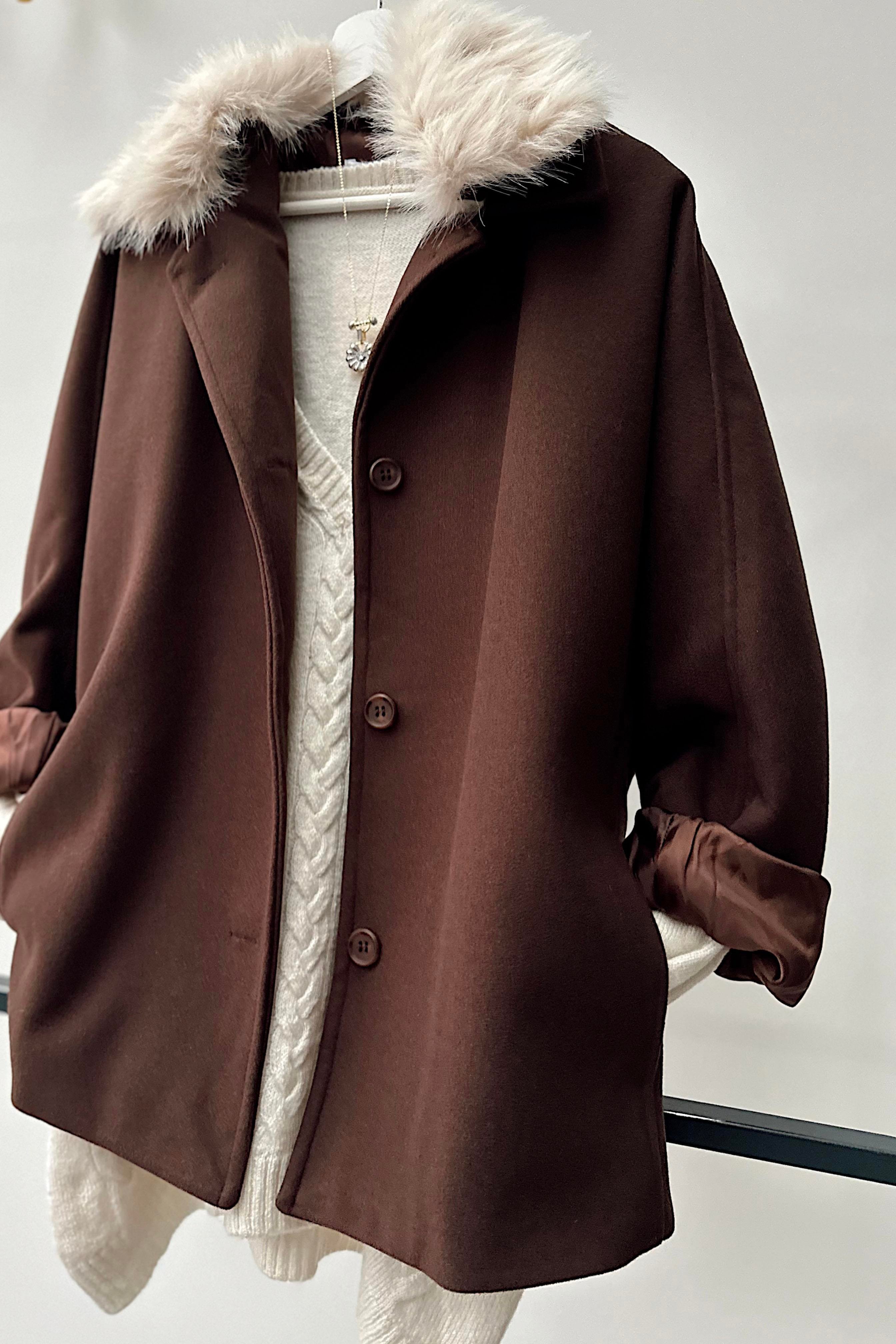 Çıkarılabilir Kürk Yakalı Kaban Acı Kahve