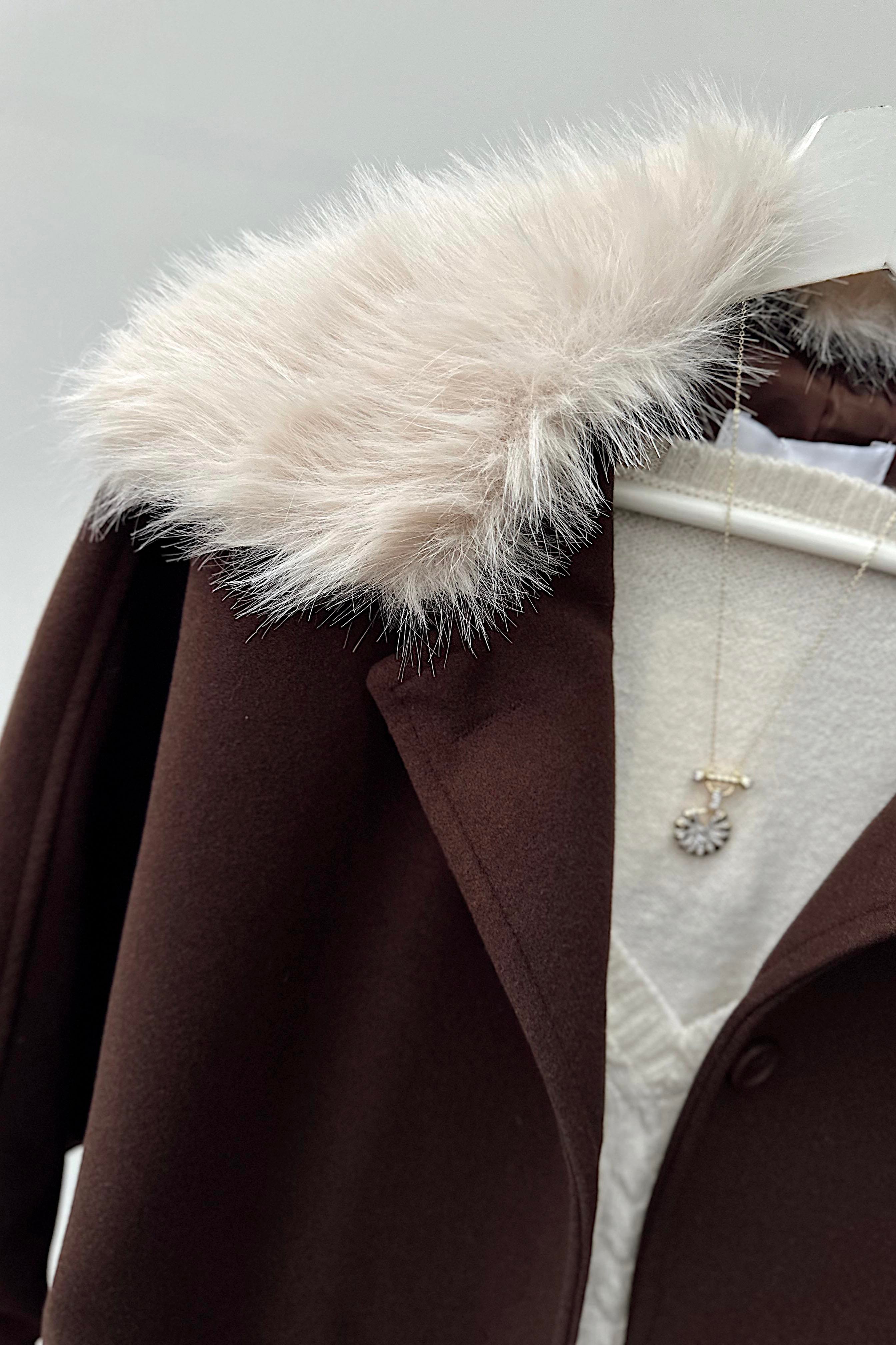 Çıkarılabilir Kürk Yakalı Kaban Acı Kahve