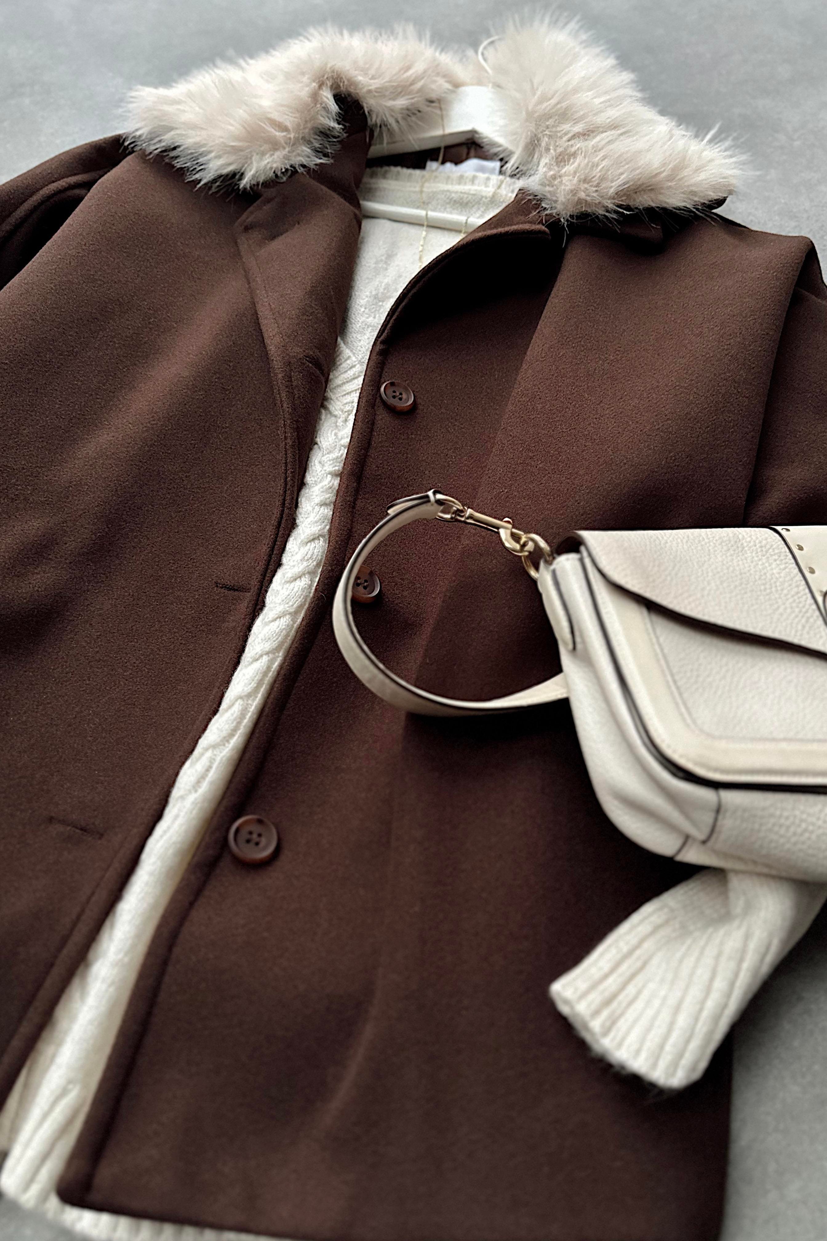 Çıkarılabilir Kürk Yakalı Kaban Acı Kahve