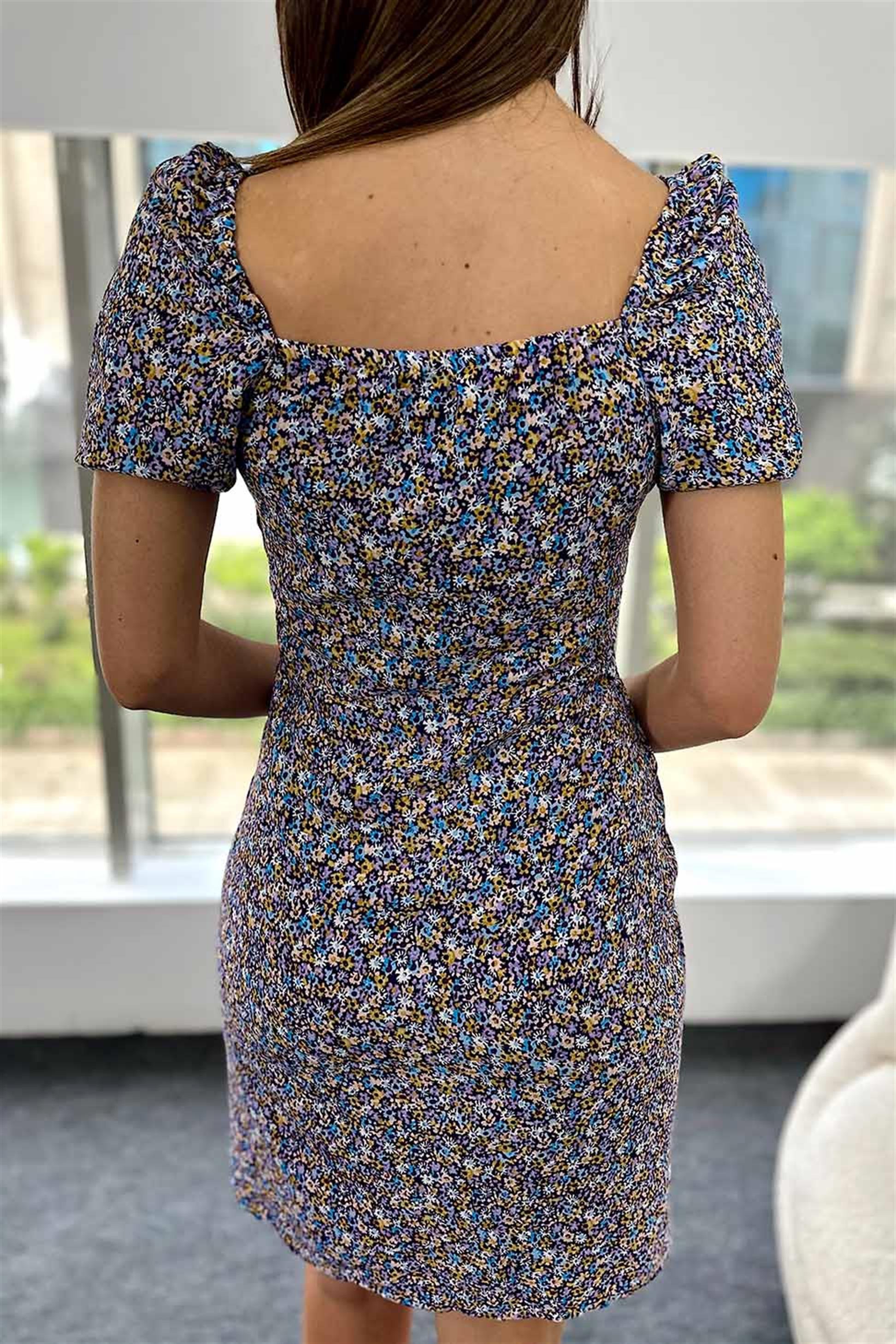 Çıtır Çiçek Desenli Mini Elbise Lila