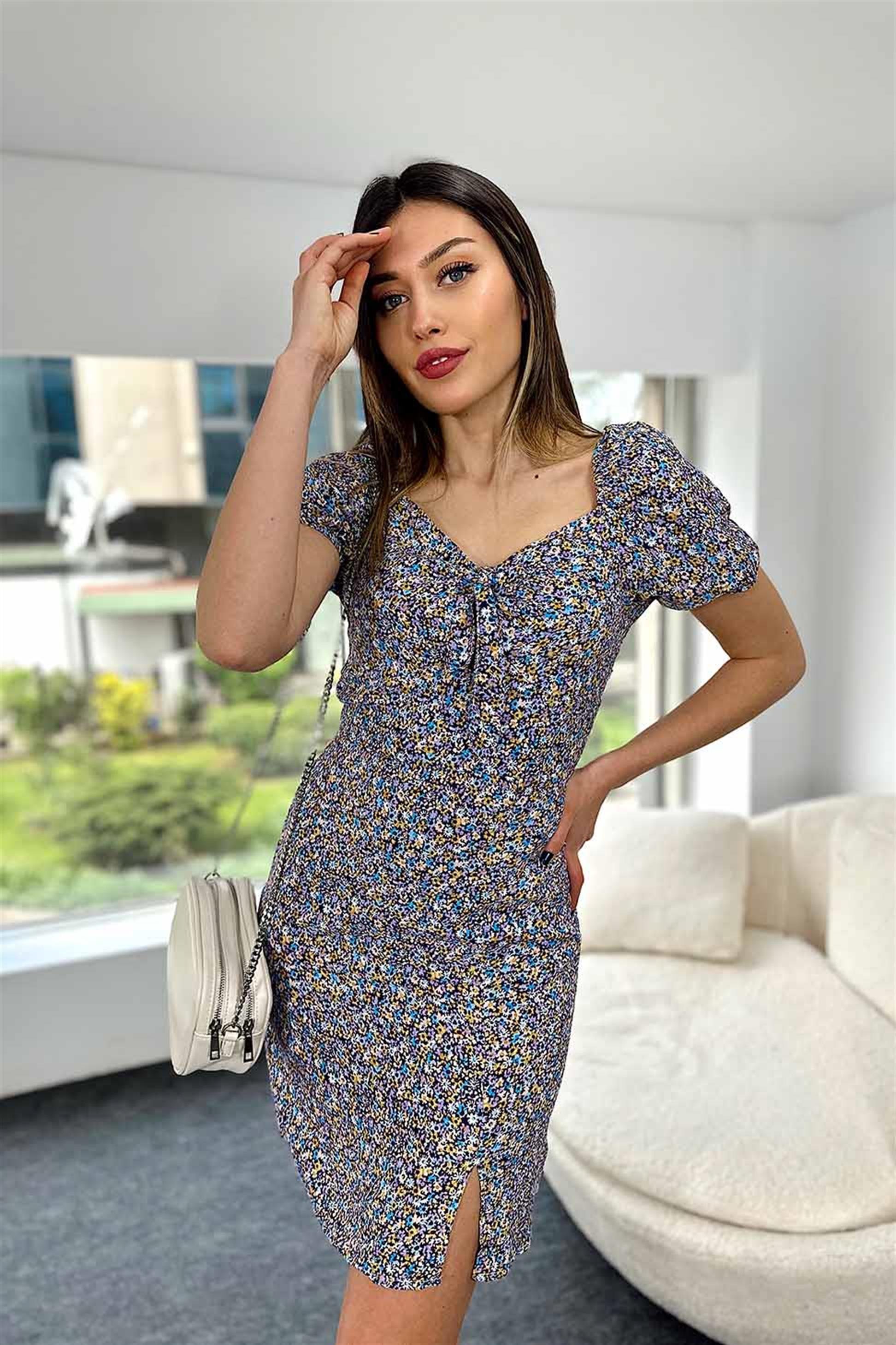 Çıtır Çiçek Desenli Mini Elbise Lila