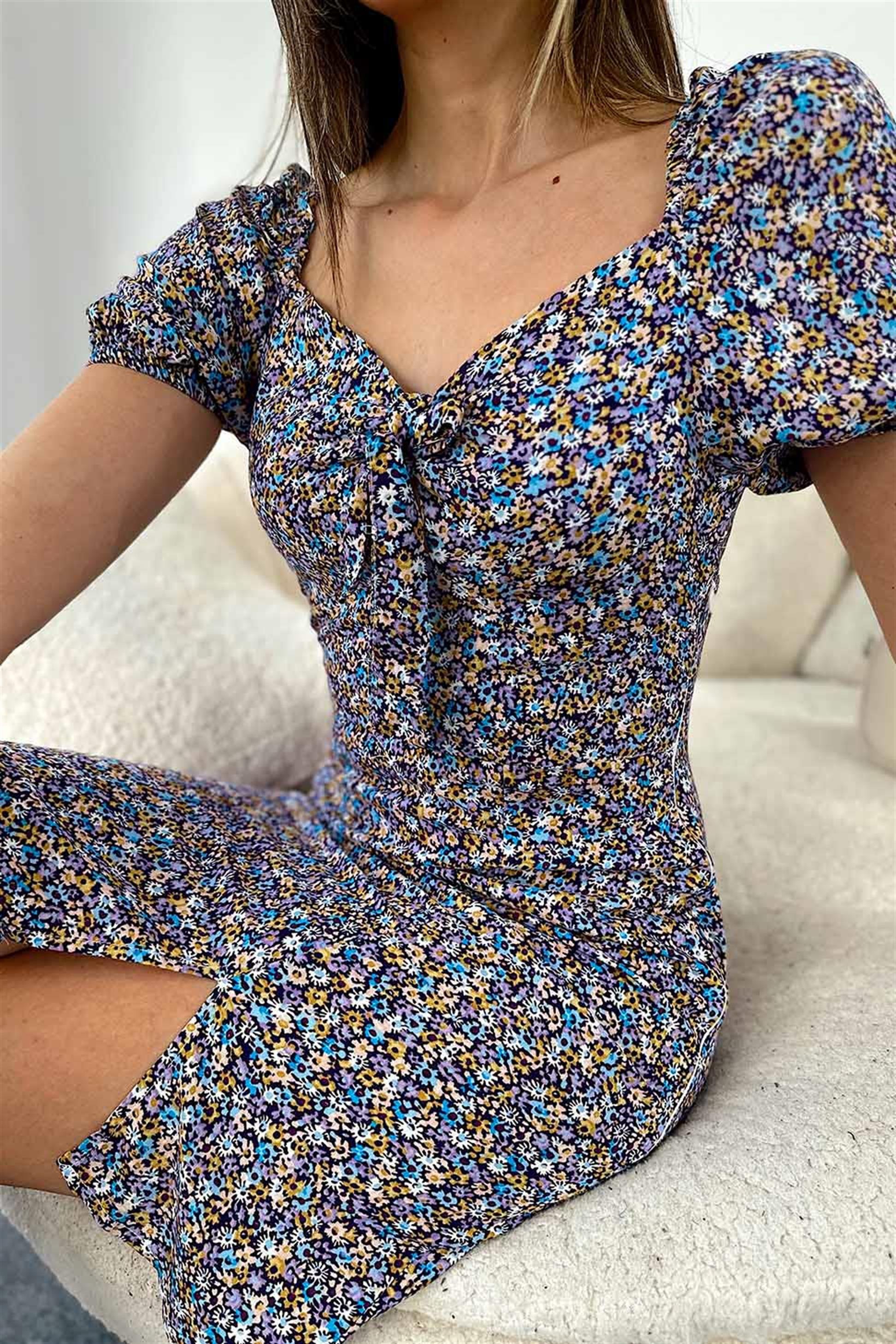 Çıtır Çiçek Desenli Mini Elbise Lila