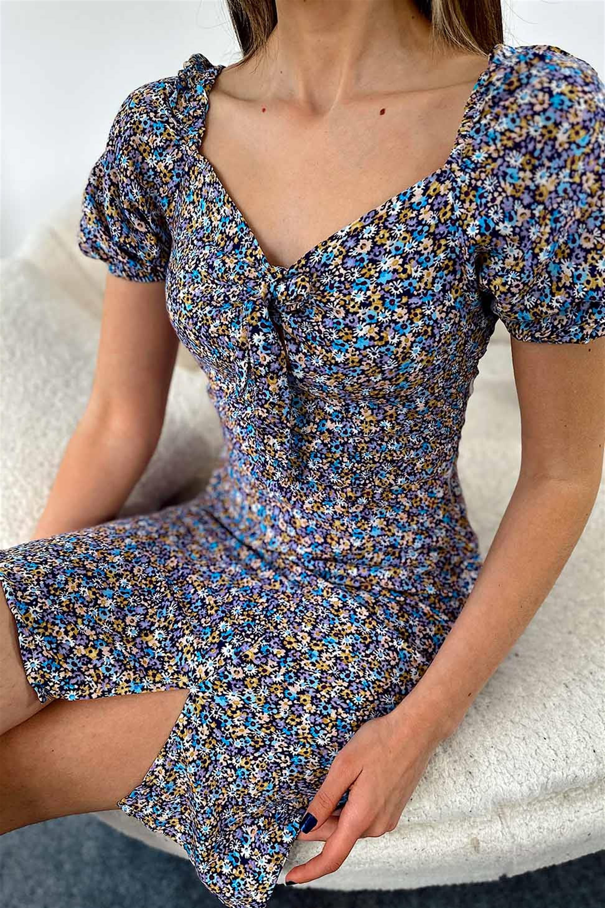 Çıtır Çiçek Desenli Mini Elbise Lila