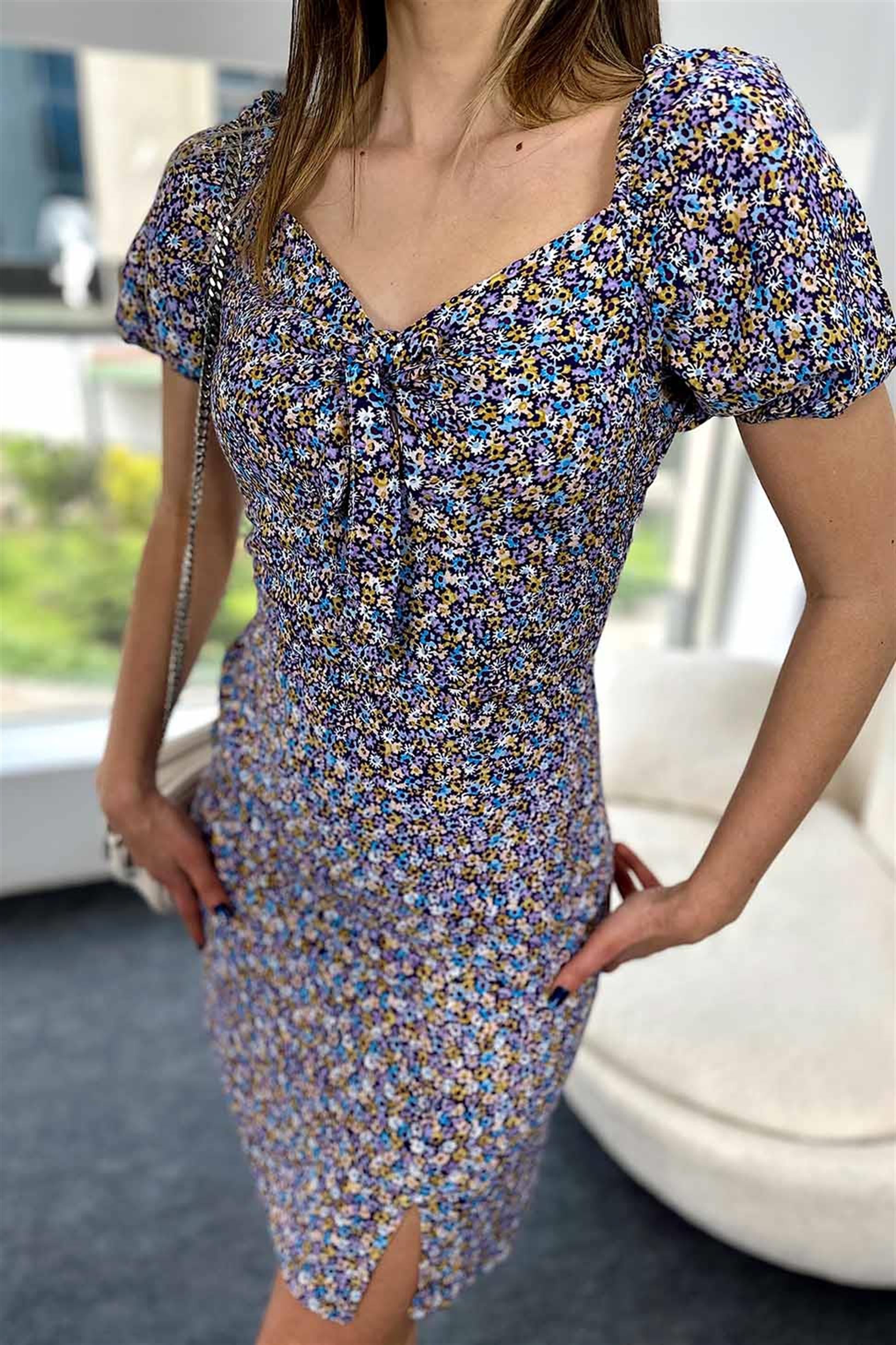 Çıtır Çiçek Desenli Mini Elbise Lila