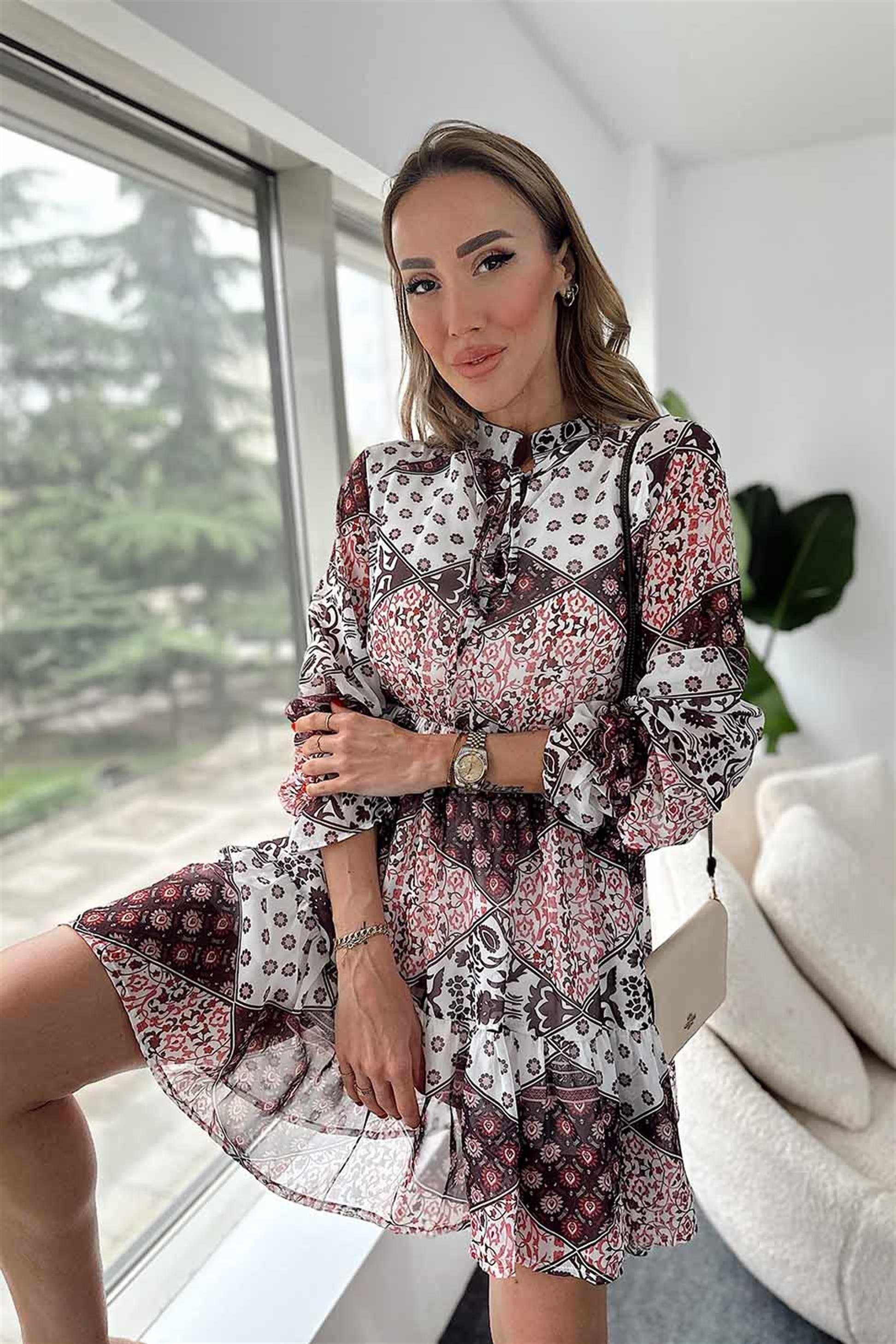 Çıtır Desenli Astarlı Midi Şifon Elbise Mürdüm