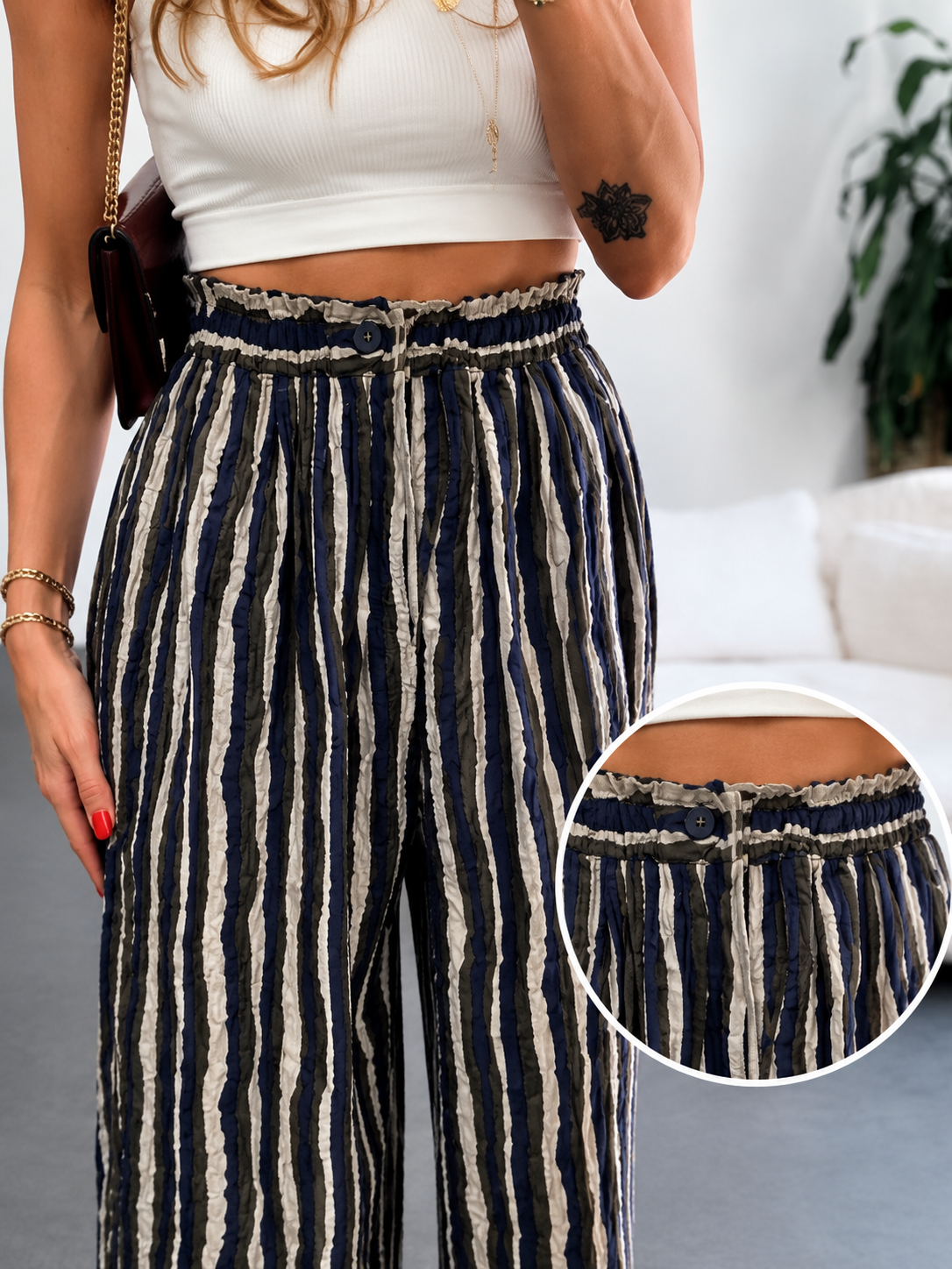 Çizgi Detaylı Beli Lastikli Tiril Pantolon