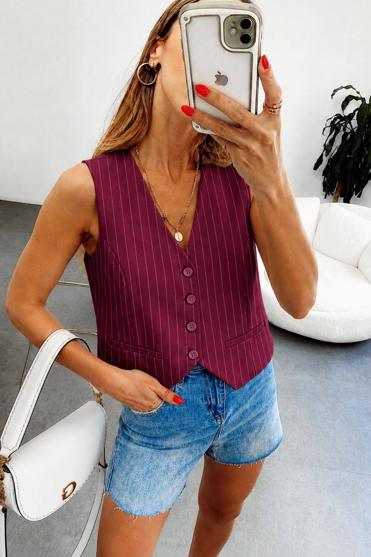 Çizgili Saten Astarlı Crop Yelek Bordo