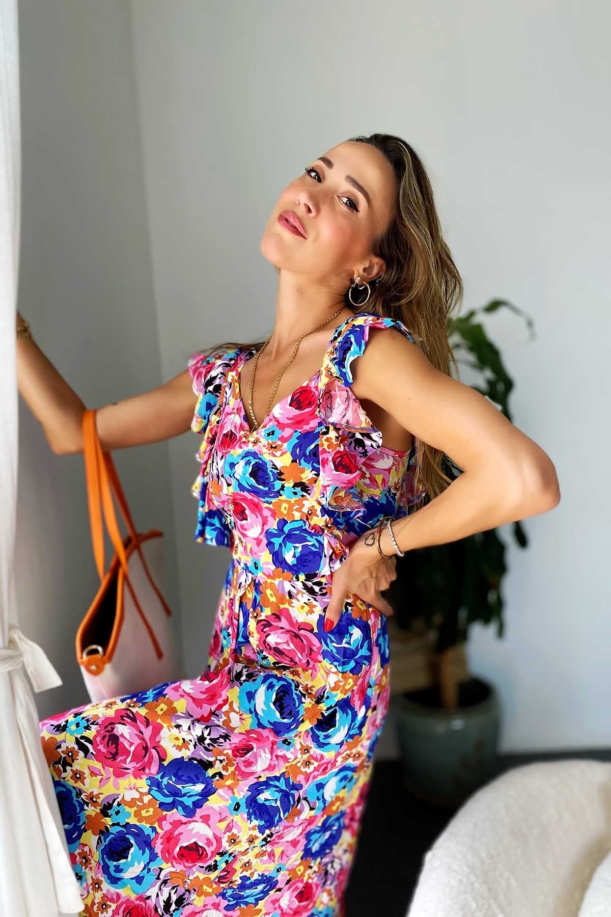 Çok Renkli Midi Yazlık Elbise