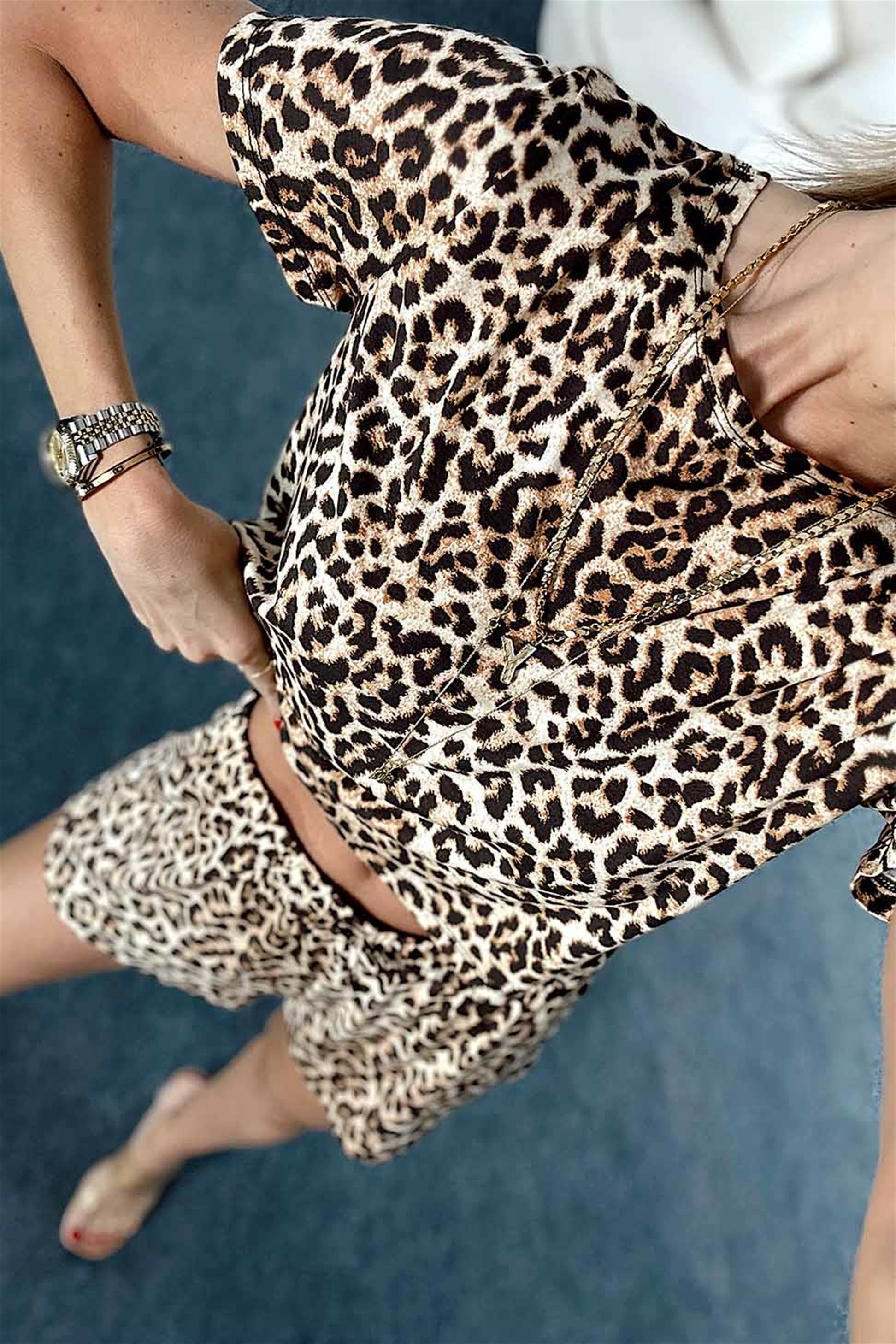 Crop Şort Leopar Desen İkili Kadın Takım DESEN
