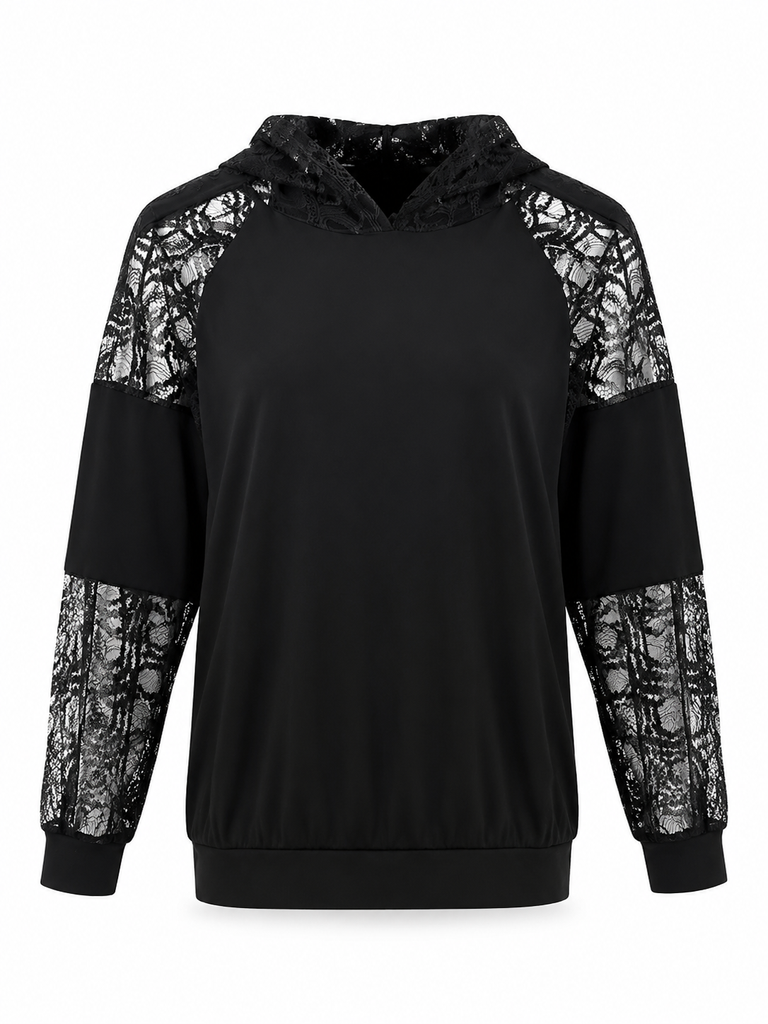 Dantel Kol ve Şapka Detaylı Sweatshirt Siyah