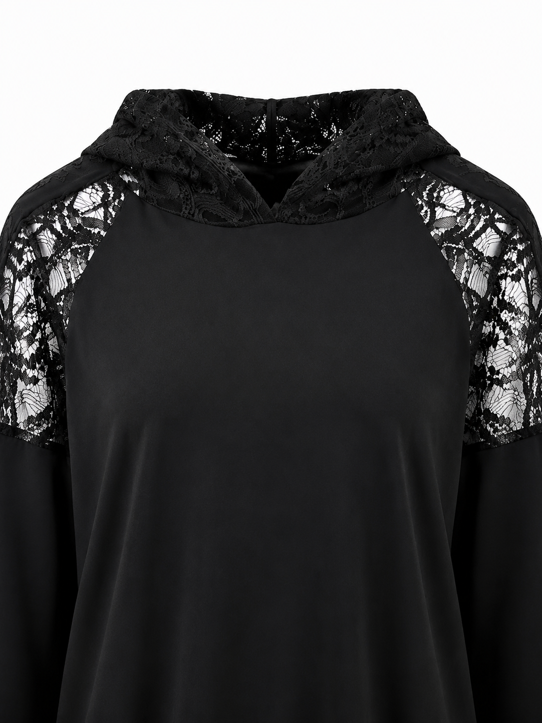 Dantel Kol ve Şapka Detaylı Sweatshirt Siyah