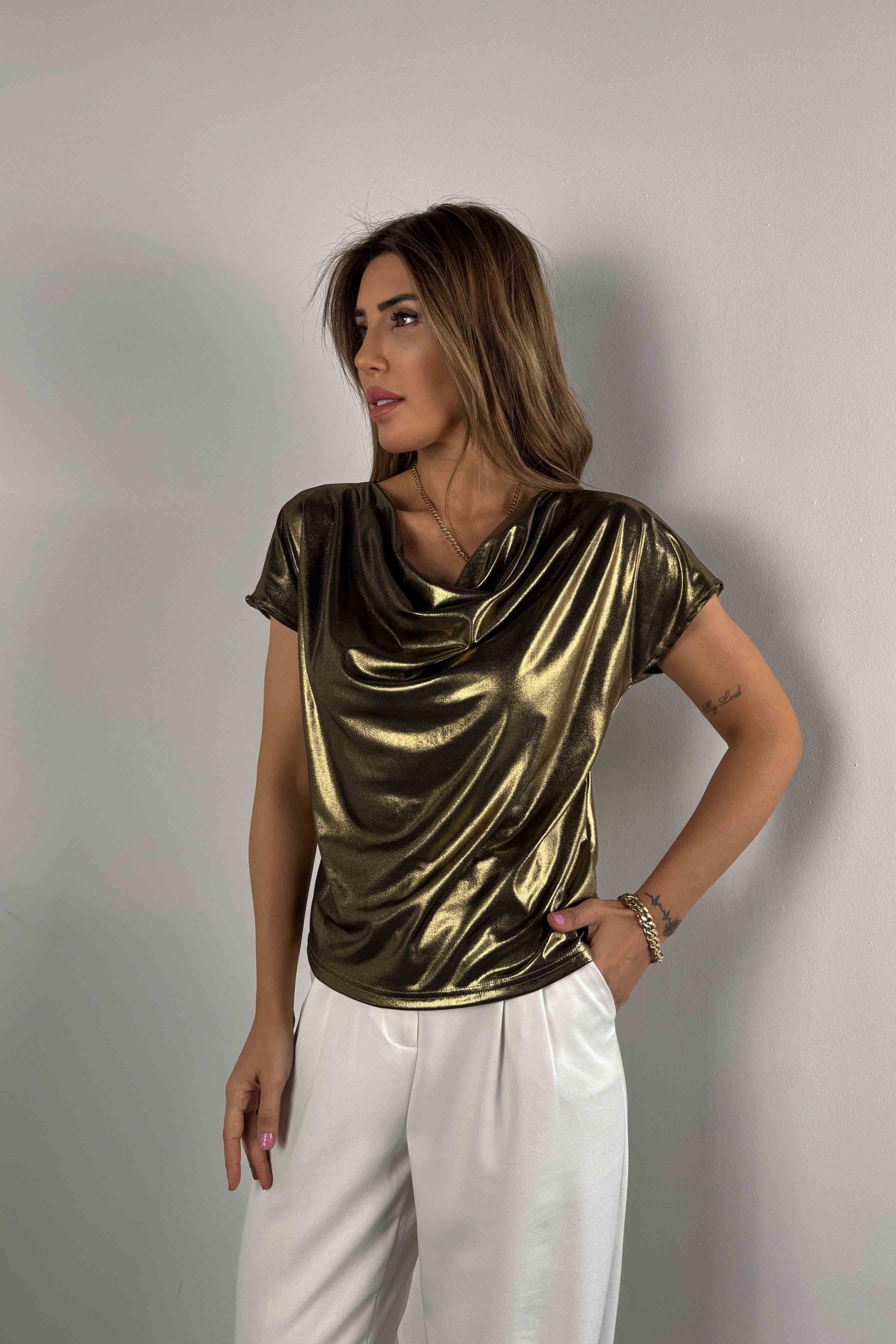 Degaje Yaka Parlak Bluz Gold