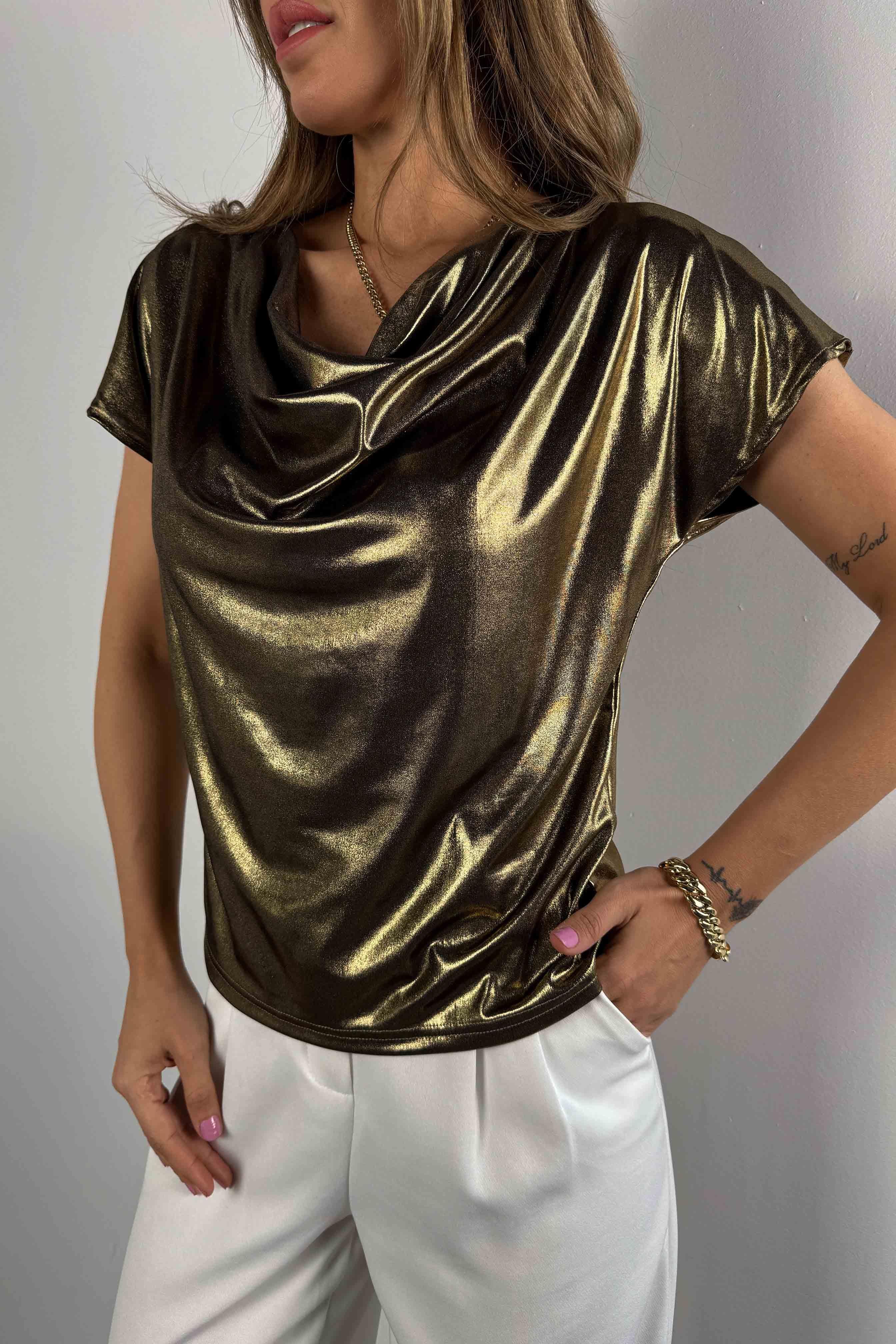 Degaje Yaka Parlak Bluz Gold