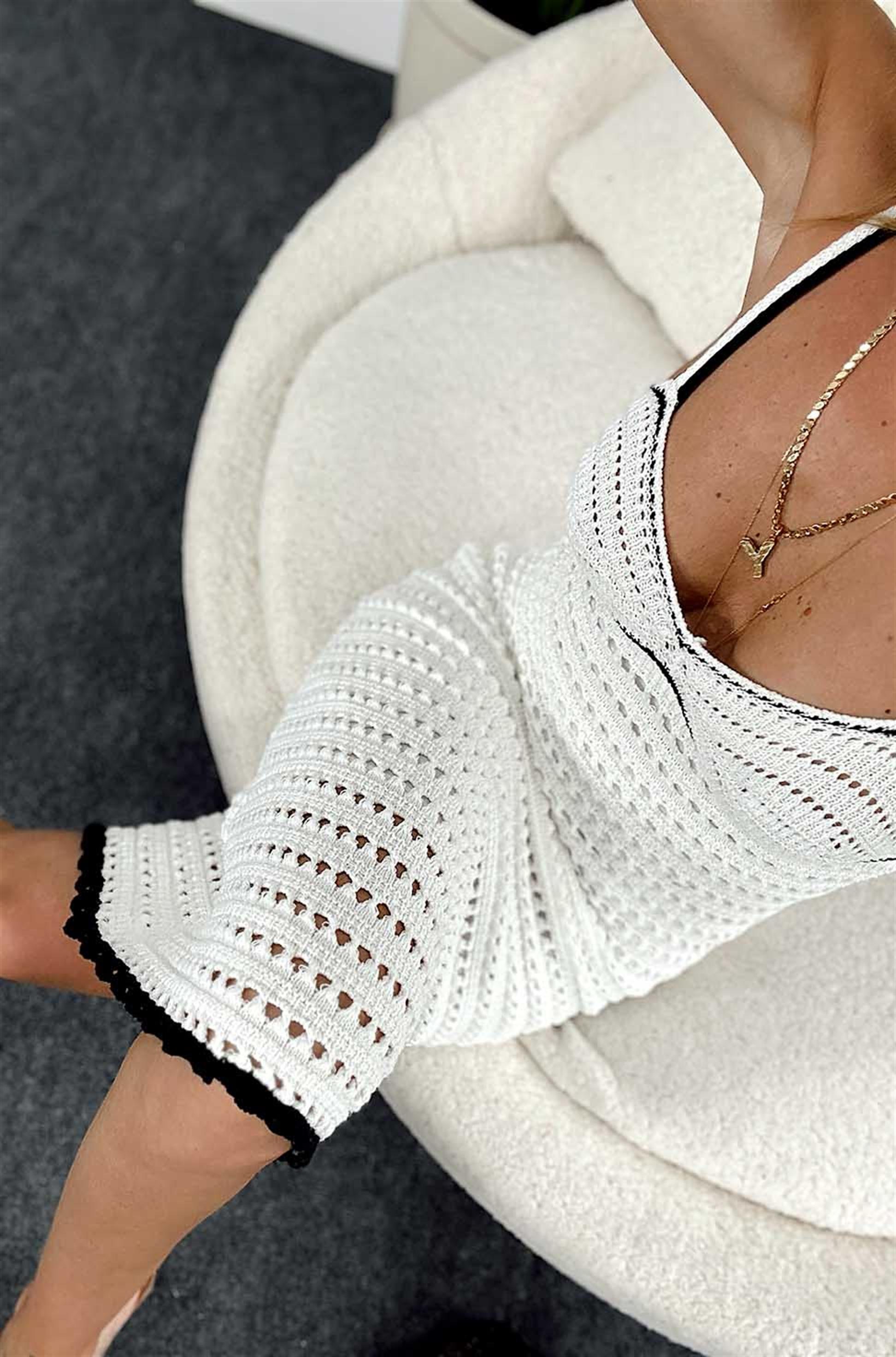 Delikli Kalın Örme Astarlı Pamuklu Kumaş Triko Elbise Ekru