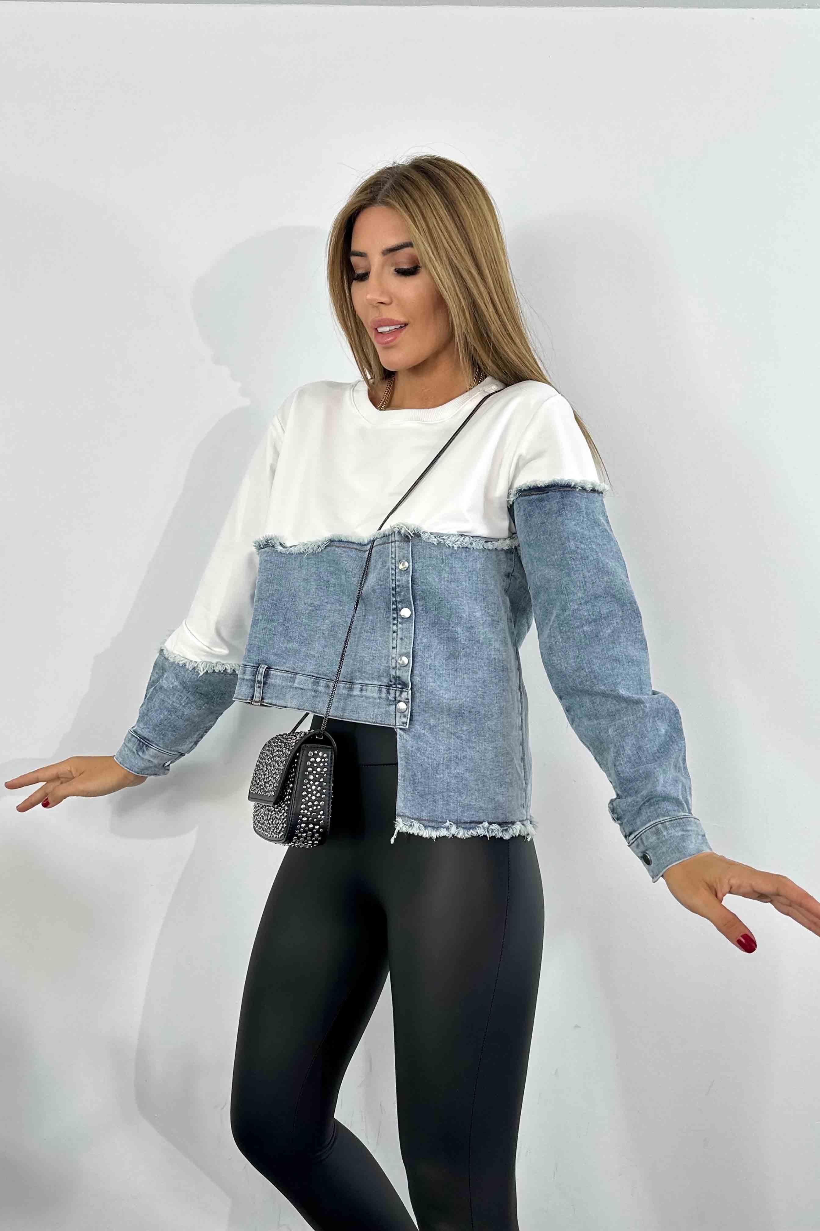 Denim Detaylı Asimetrik Kadın Sweatshirt Beyaz