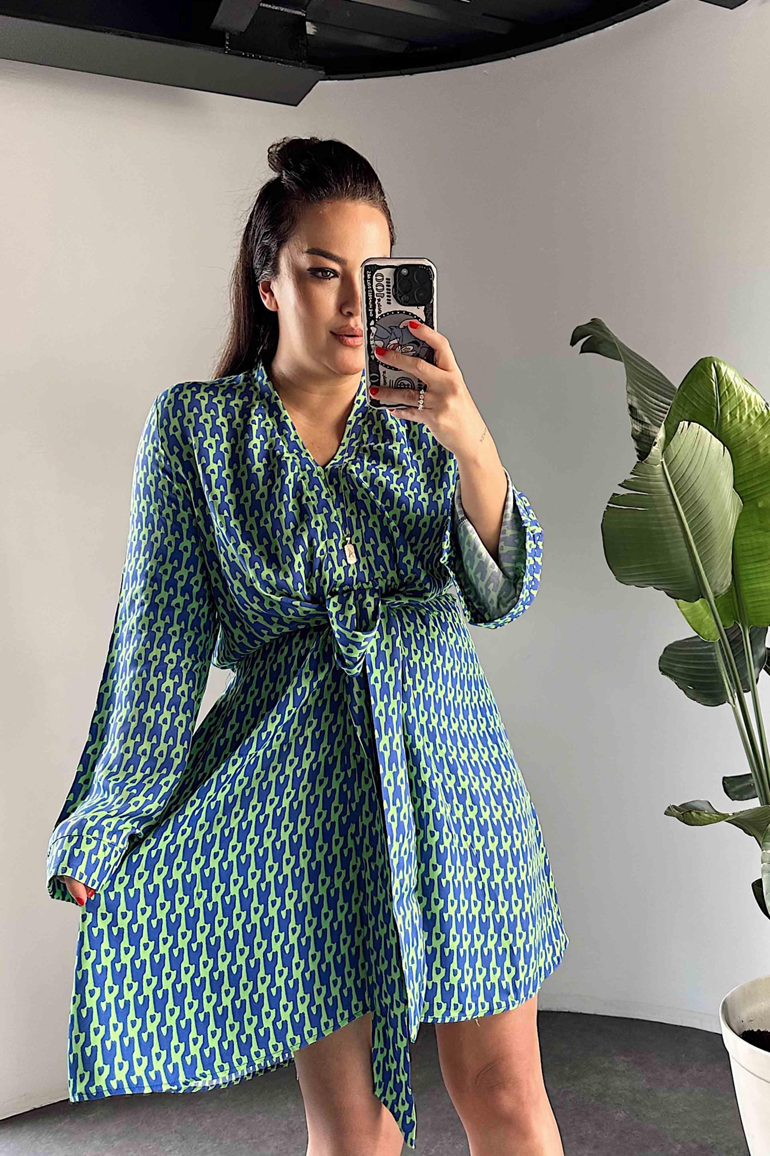 Desenli Önden Bağlamalı Mini Elbise Yeşil