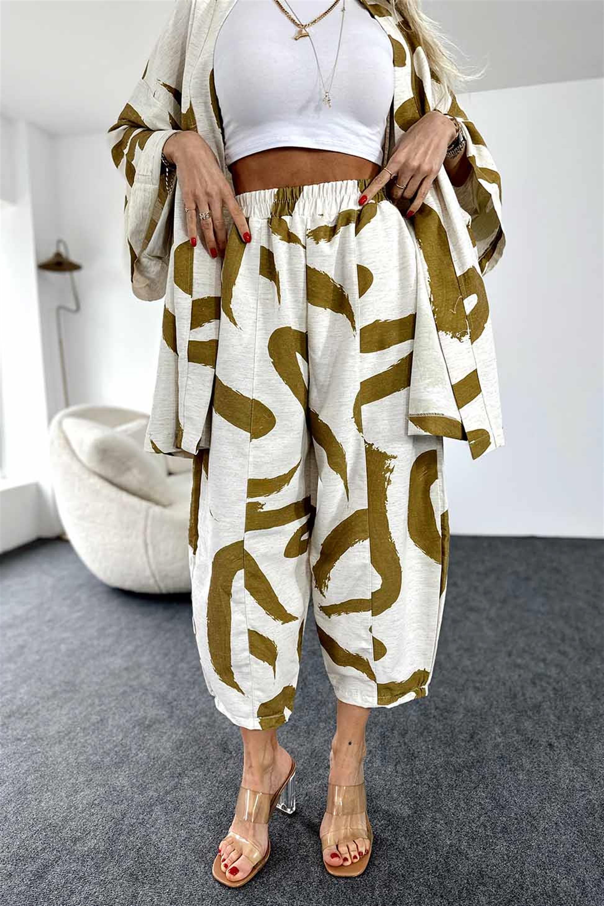 Desenli Taş Rengi Şalvar Pantolon Kimono Takım Hardal