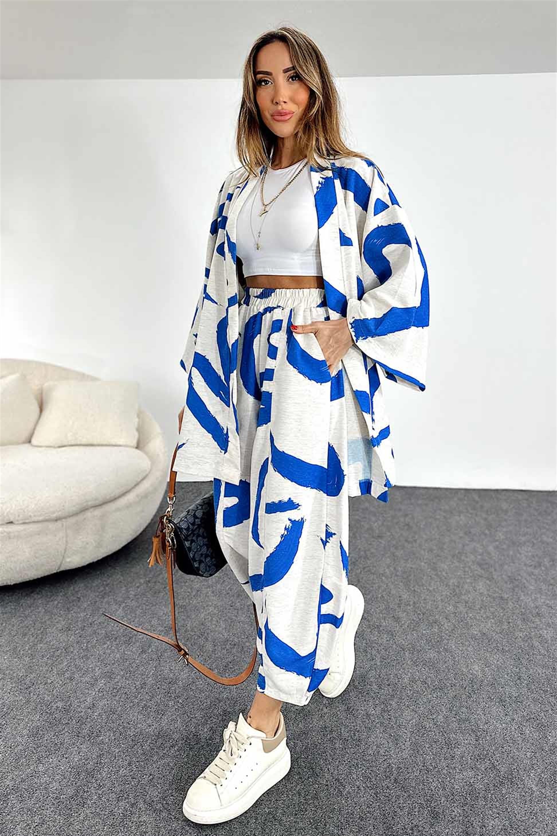 Desenli Taş Rengi Şalvar Pantolon Kimono Takım Mavi