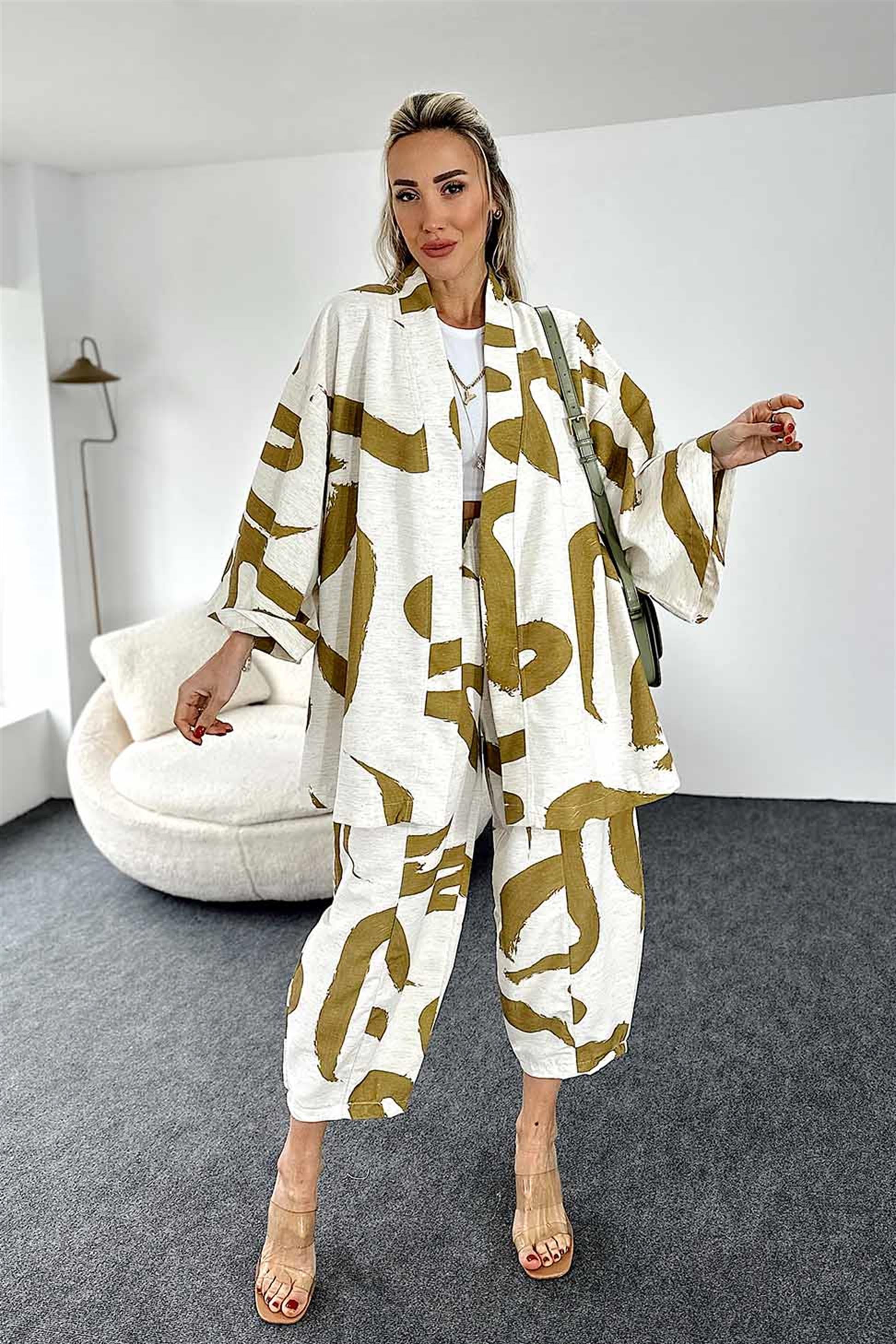 Desenli Taş Rengi Şalvar Pantolon Kimono Takım Hardal