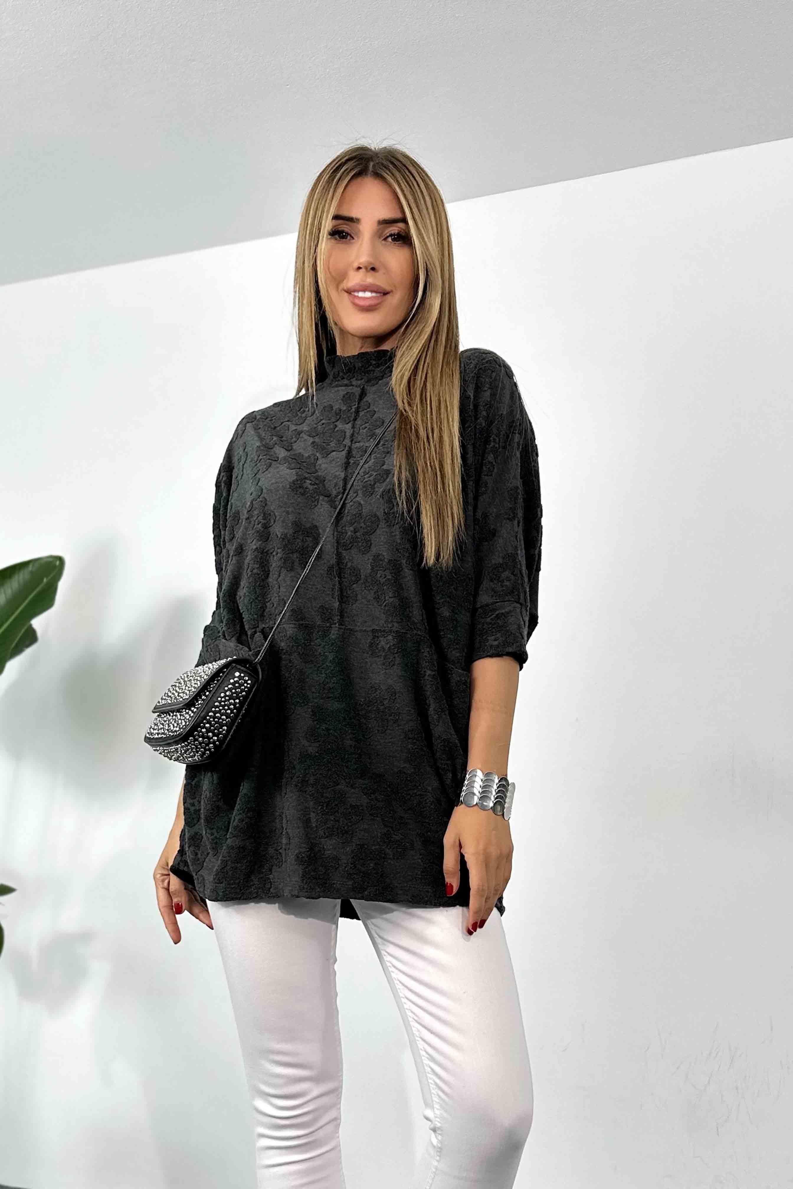 Desenli Yumoş Kumaş Yarasa Kol Kadın Sweatshirt Pembe Antrasit