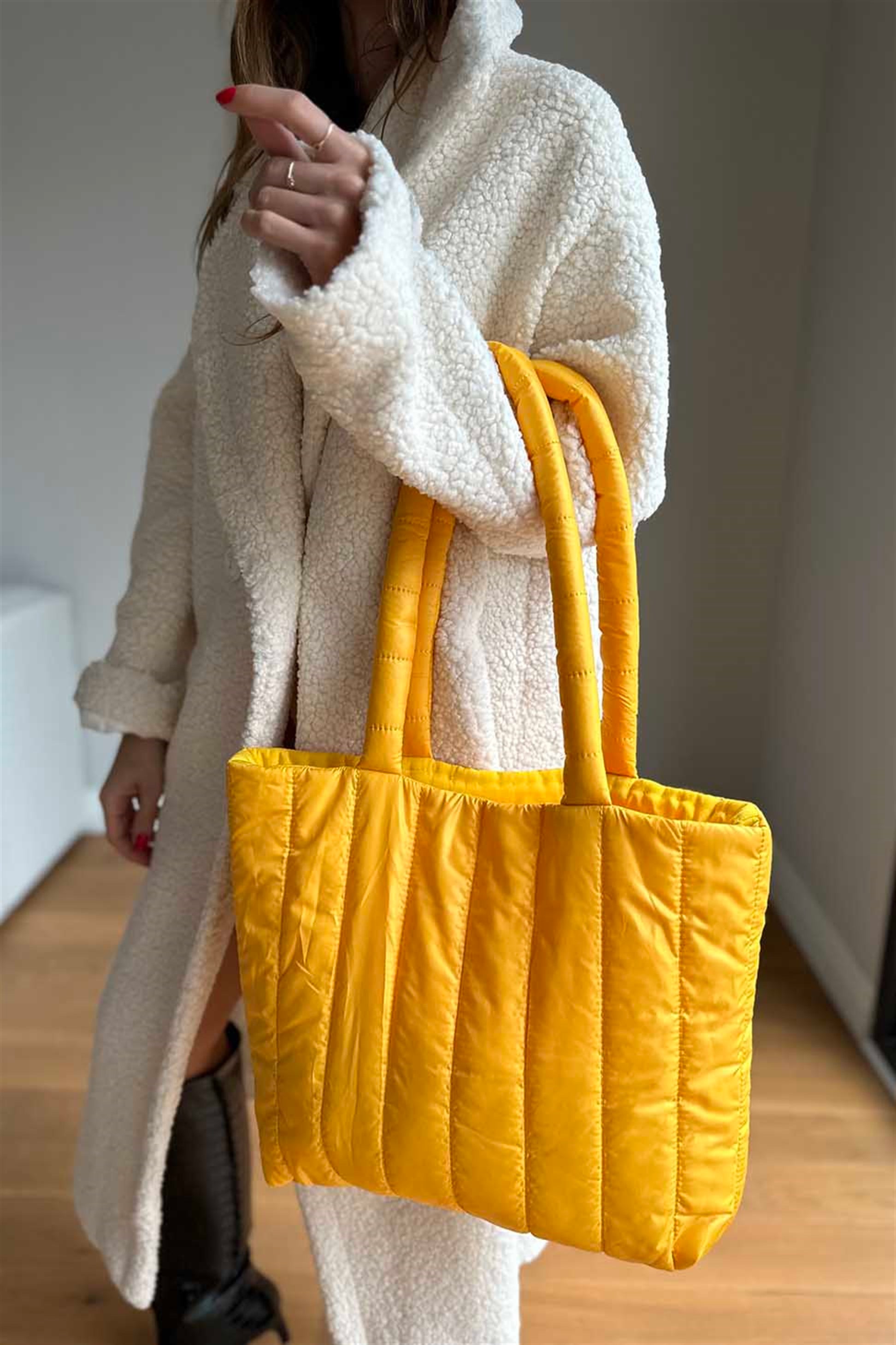 Dikey Dikişli Tote Çanta Sarı