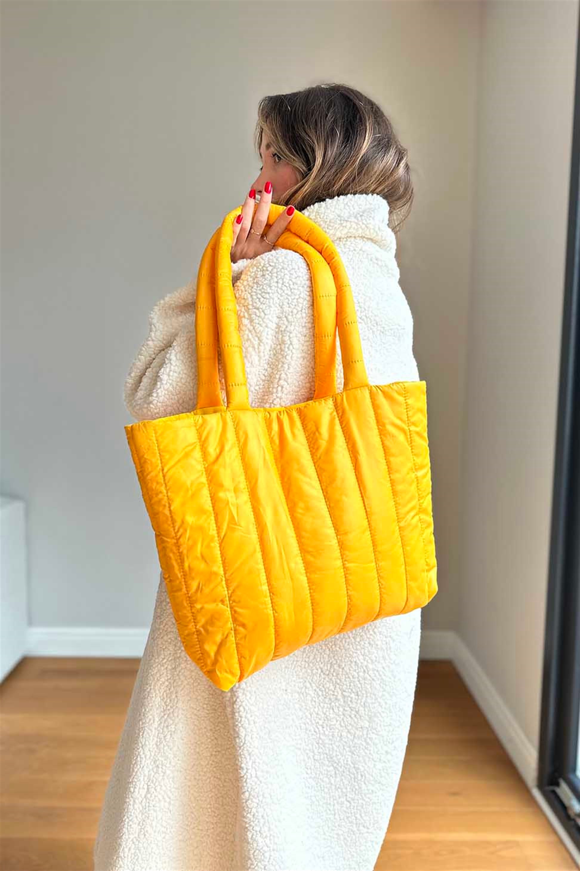 Dikey Dikişli Tote Çanta Sarı