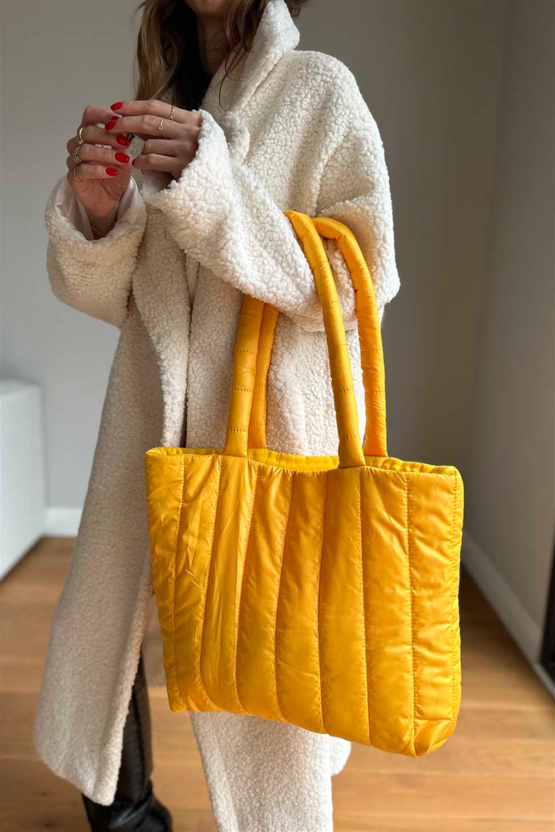 Dikey Dikişli Tote Çanta Sarı