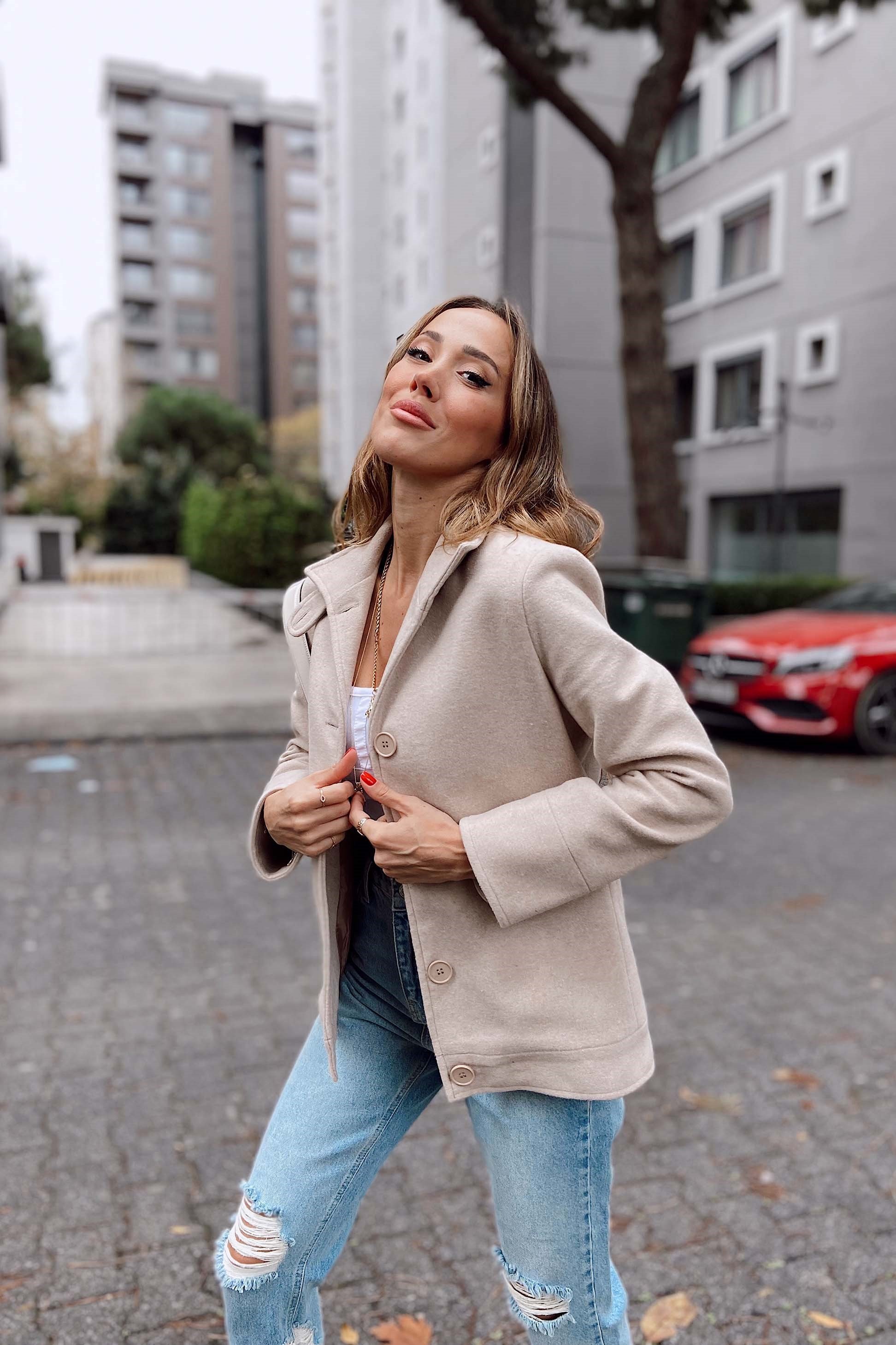 Dört Düğmeli Kaşe Blazer Ceket Bej