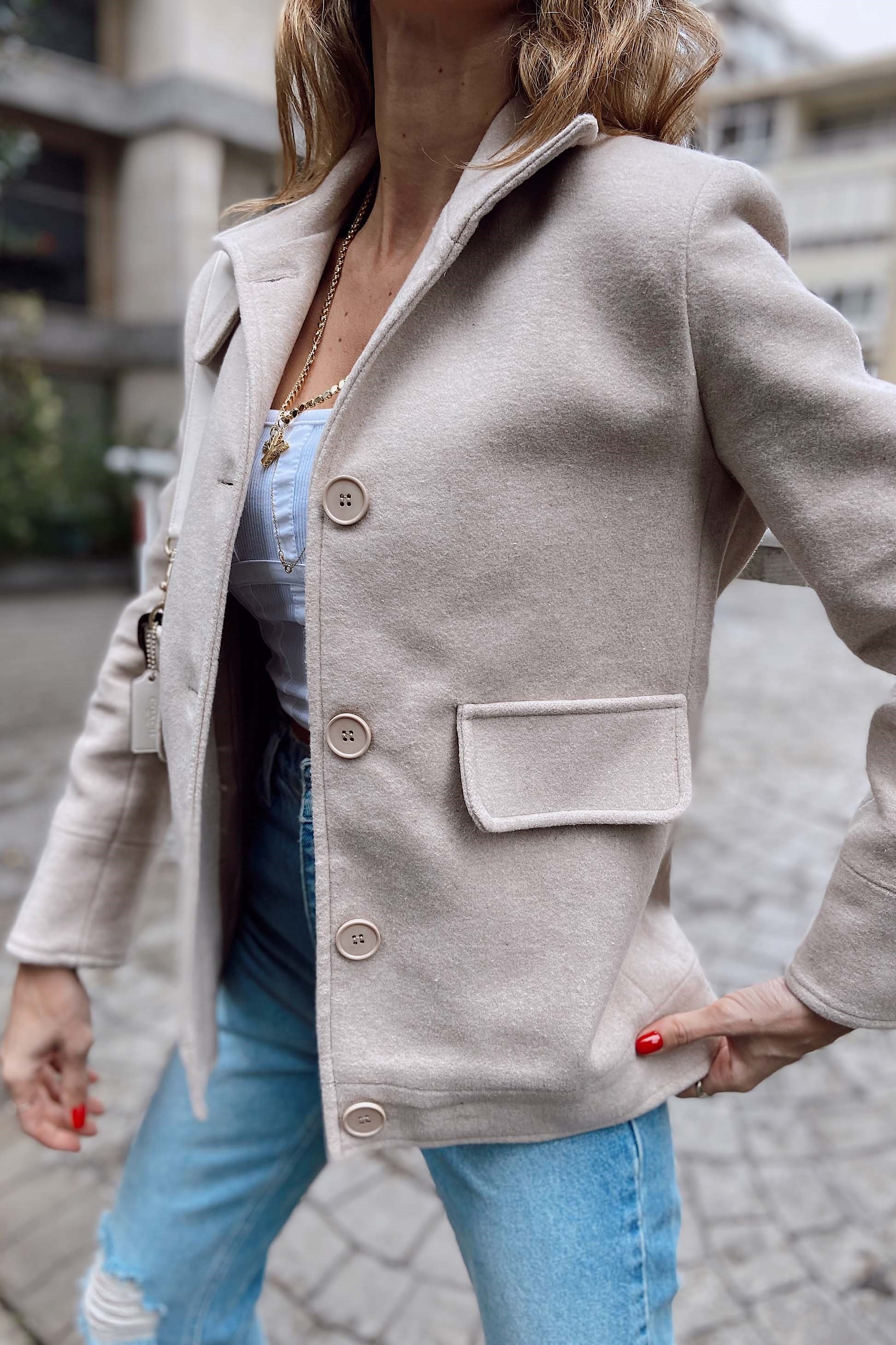 Dört Düğmeli Kaşe Blazer Ceket Bej