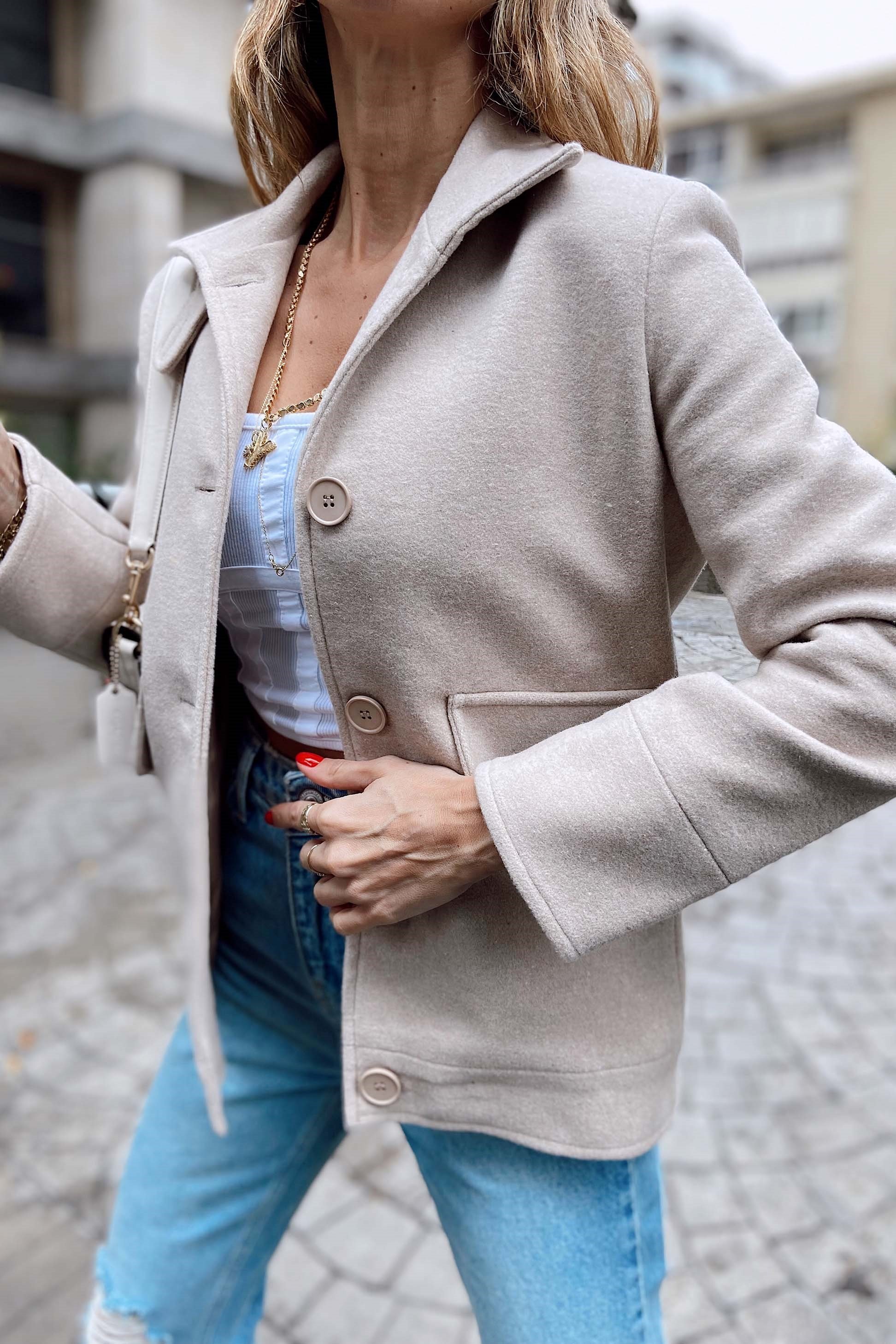 Dört Düğmeli Kaşe Blazer Ceket Bej