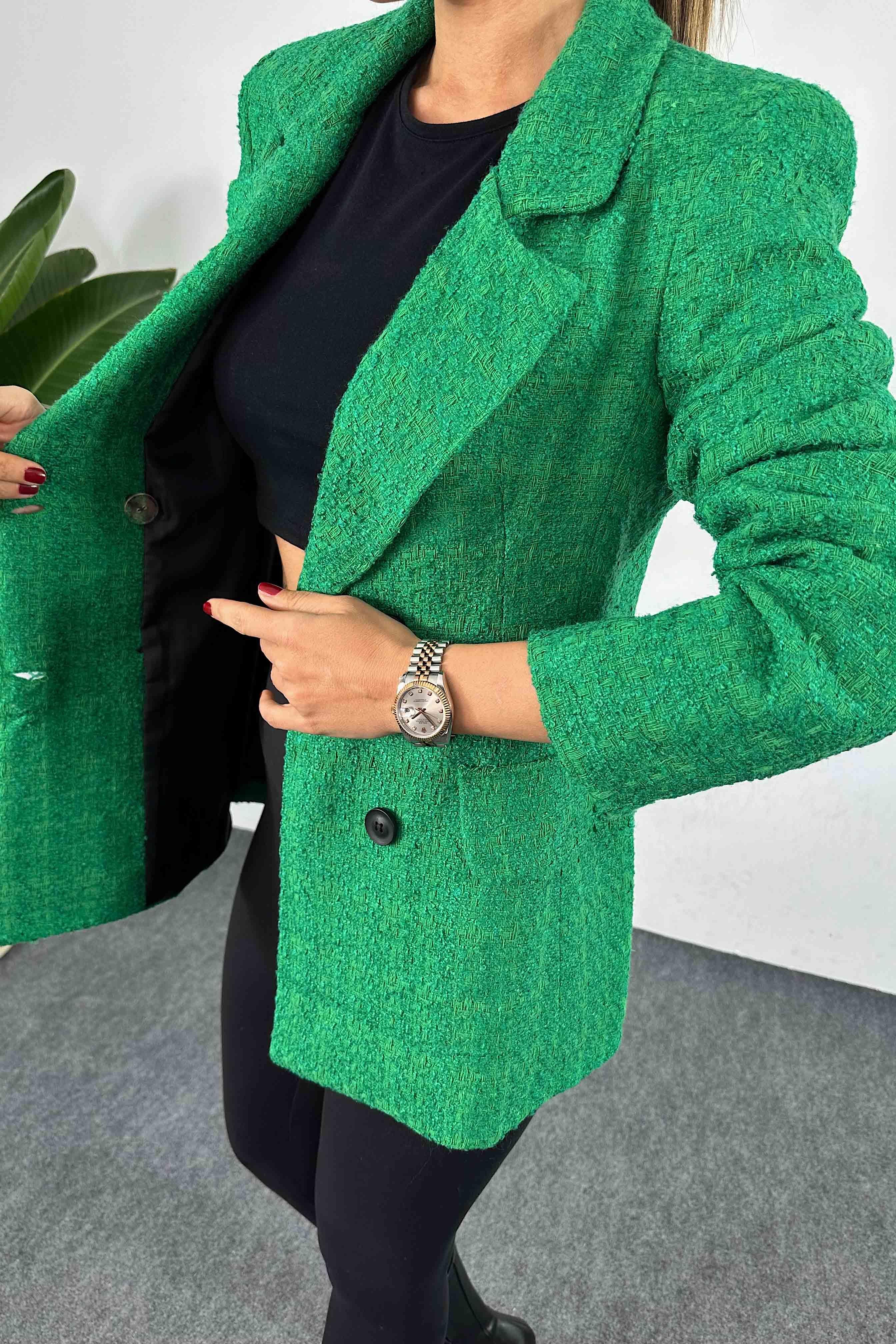 Dört Düğmeli Tasarım Astarlı Tüvit Blazer Ceket Yeşil