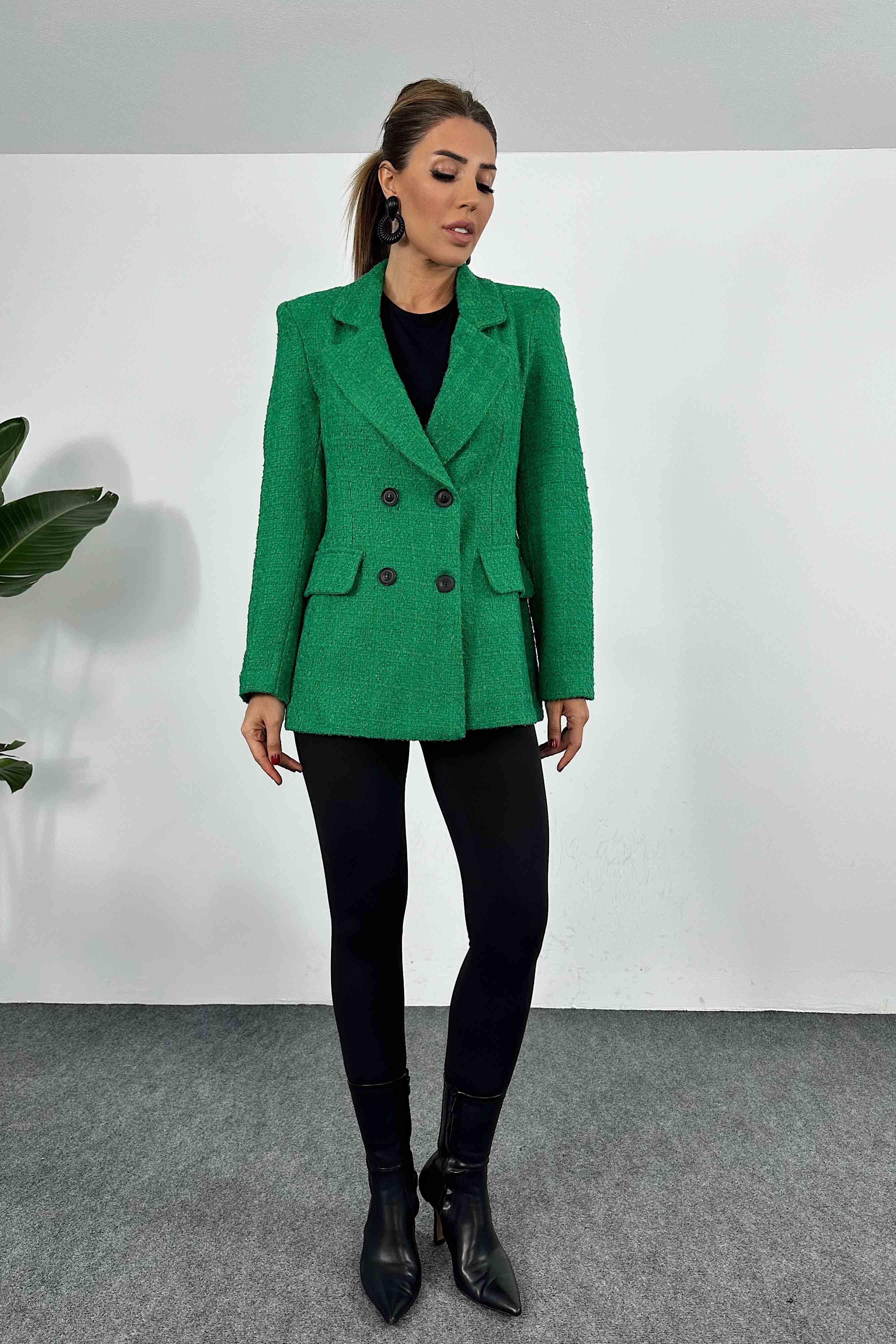 Dört Düğmeli Tasarım Astarlı Tüvit Blazer Ceket Yeşil
