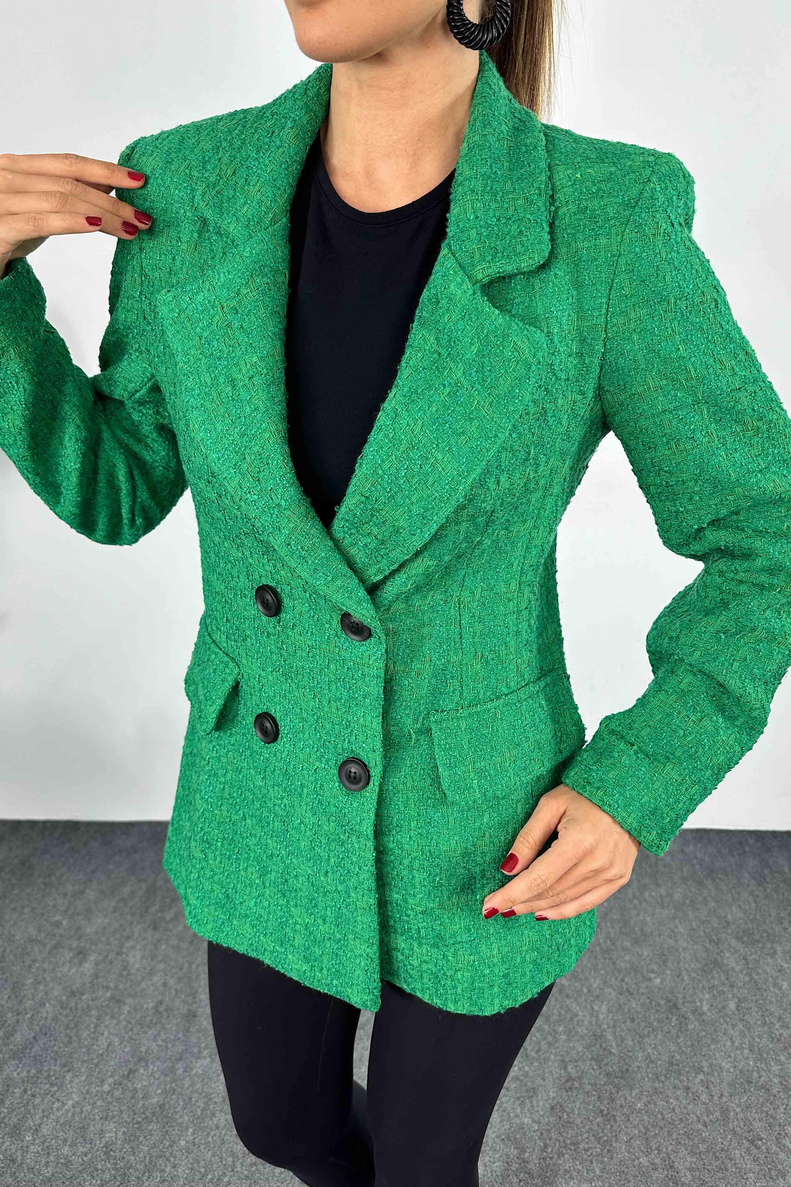 Dört Düğmeli Tasarım Astarlı Tüvit Blazer Ceket Yeşil