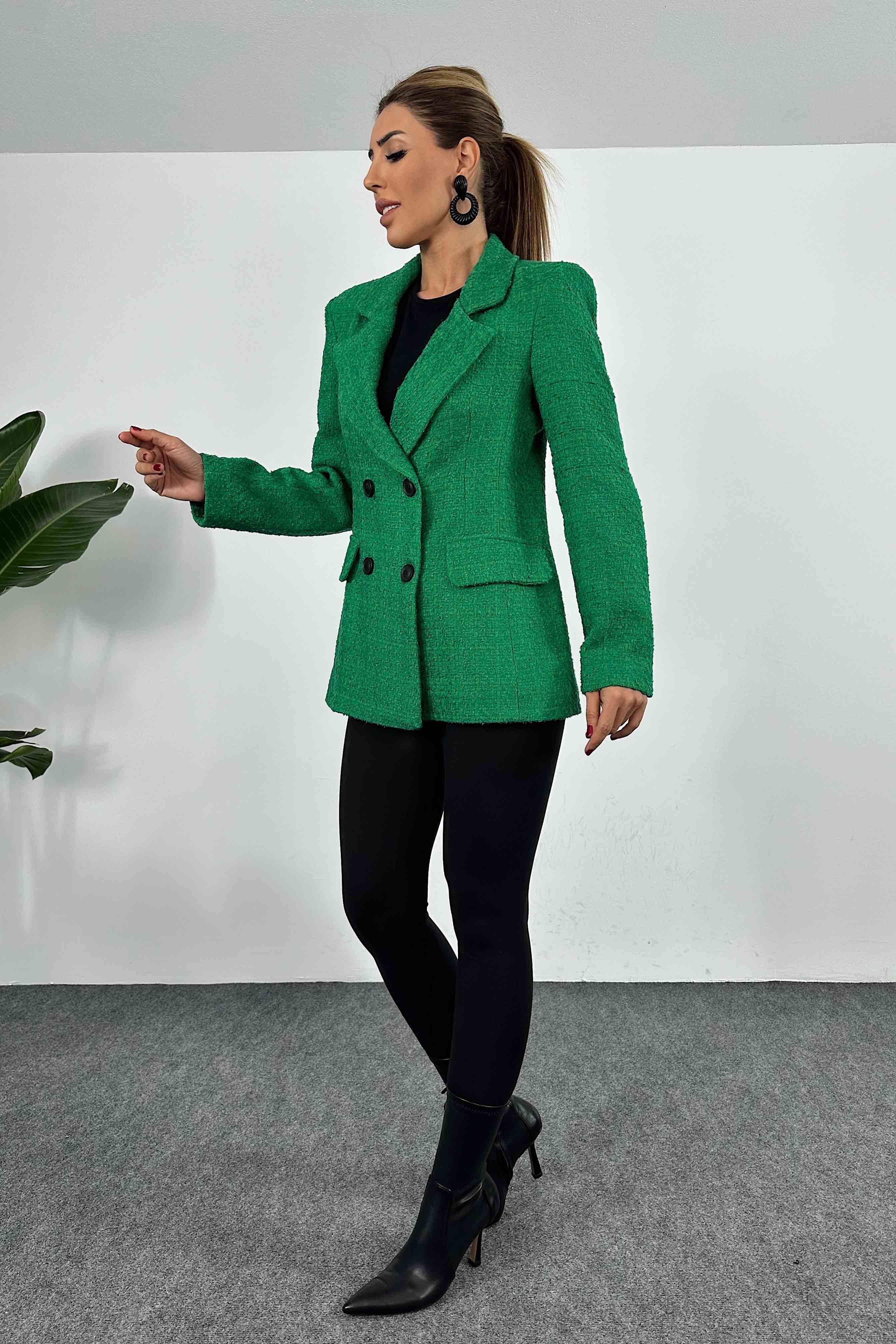 Dört Düğmeli Tasarım Astarlı Tüvit Blazer Ceket Yeşil