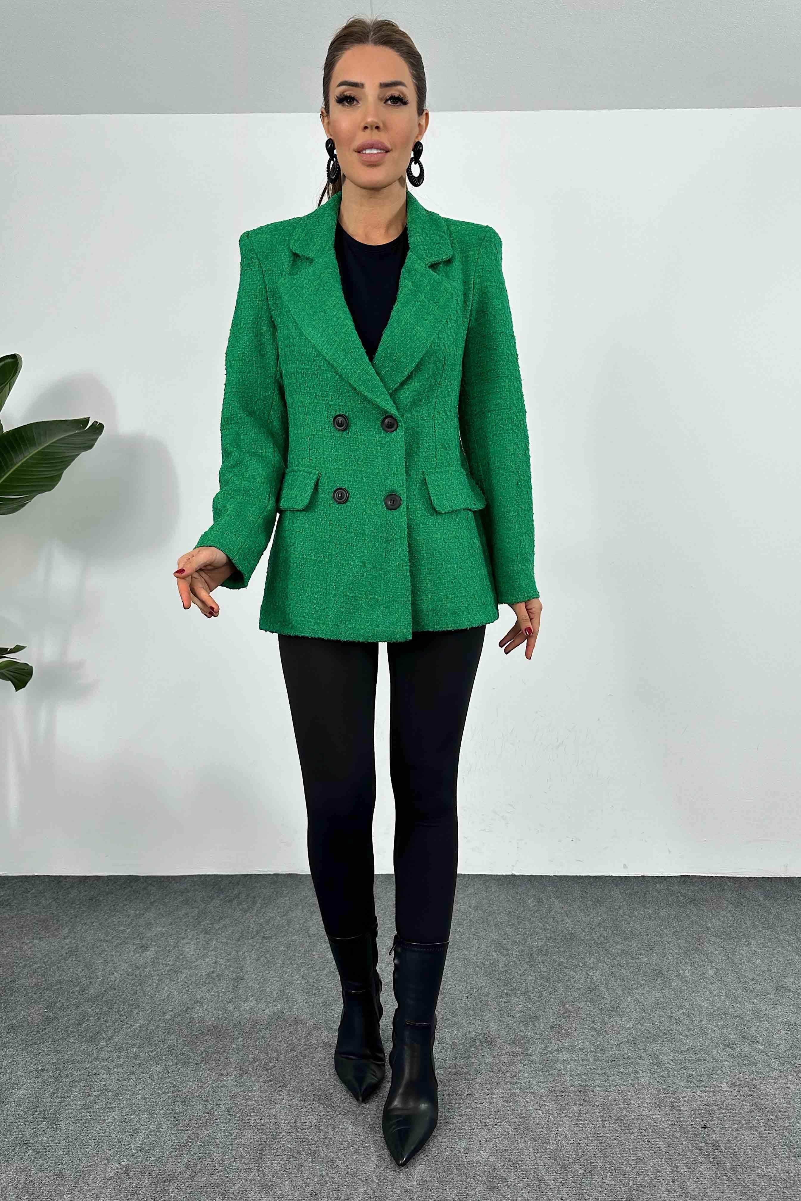 Dört Düğmeli Tasarım Astarlı Tüvit Blazer Ceket Yeşil