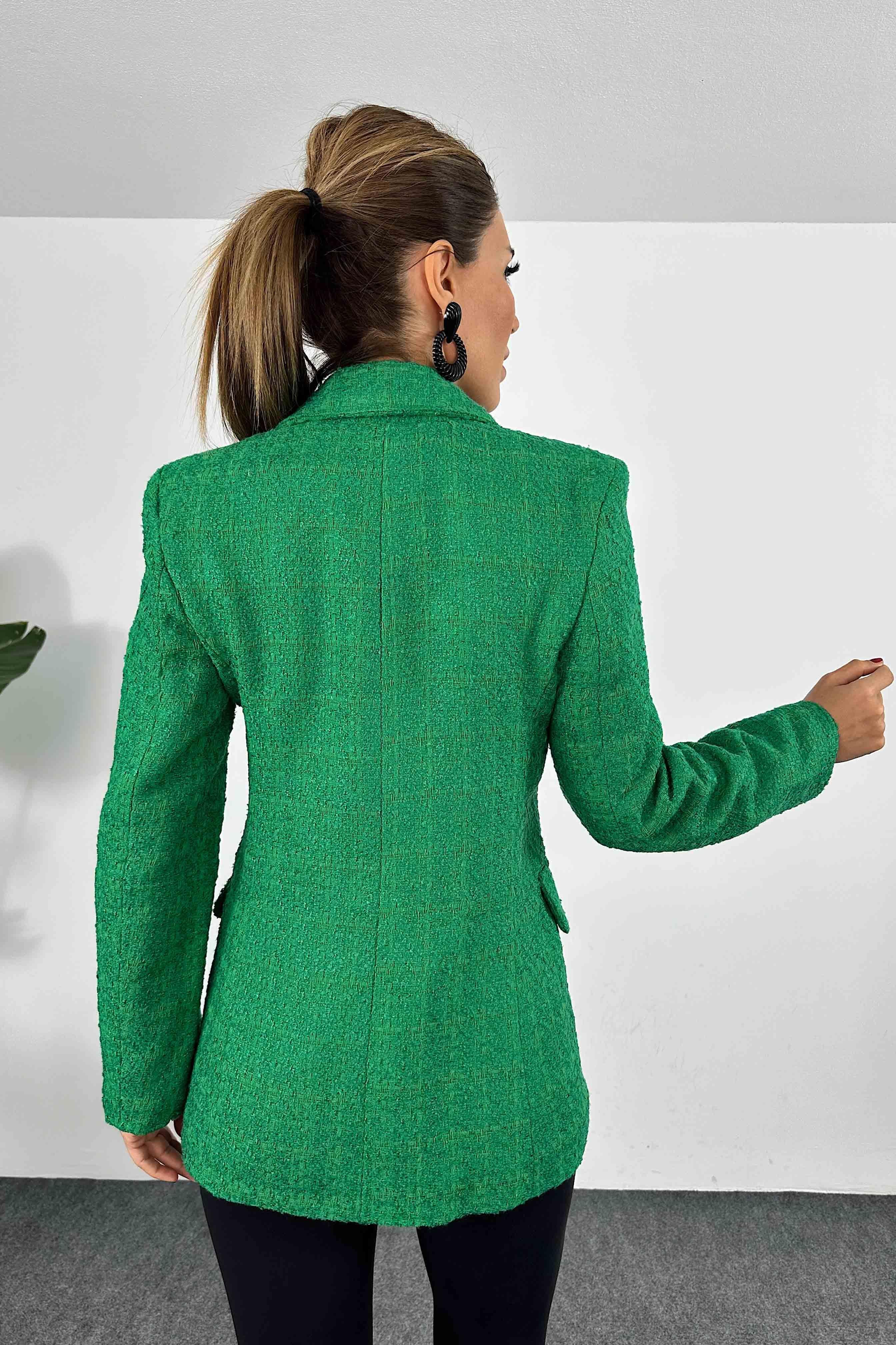 Dört Düğmeli Tasarım Astarlı Tüvit Blazer Ceket Yeşil
