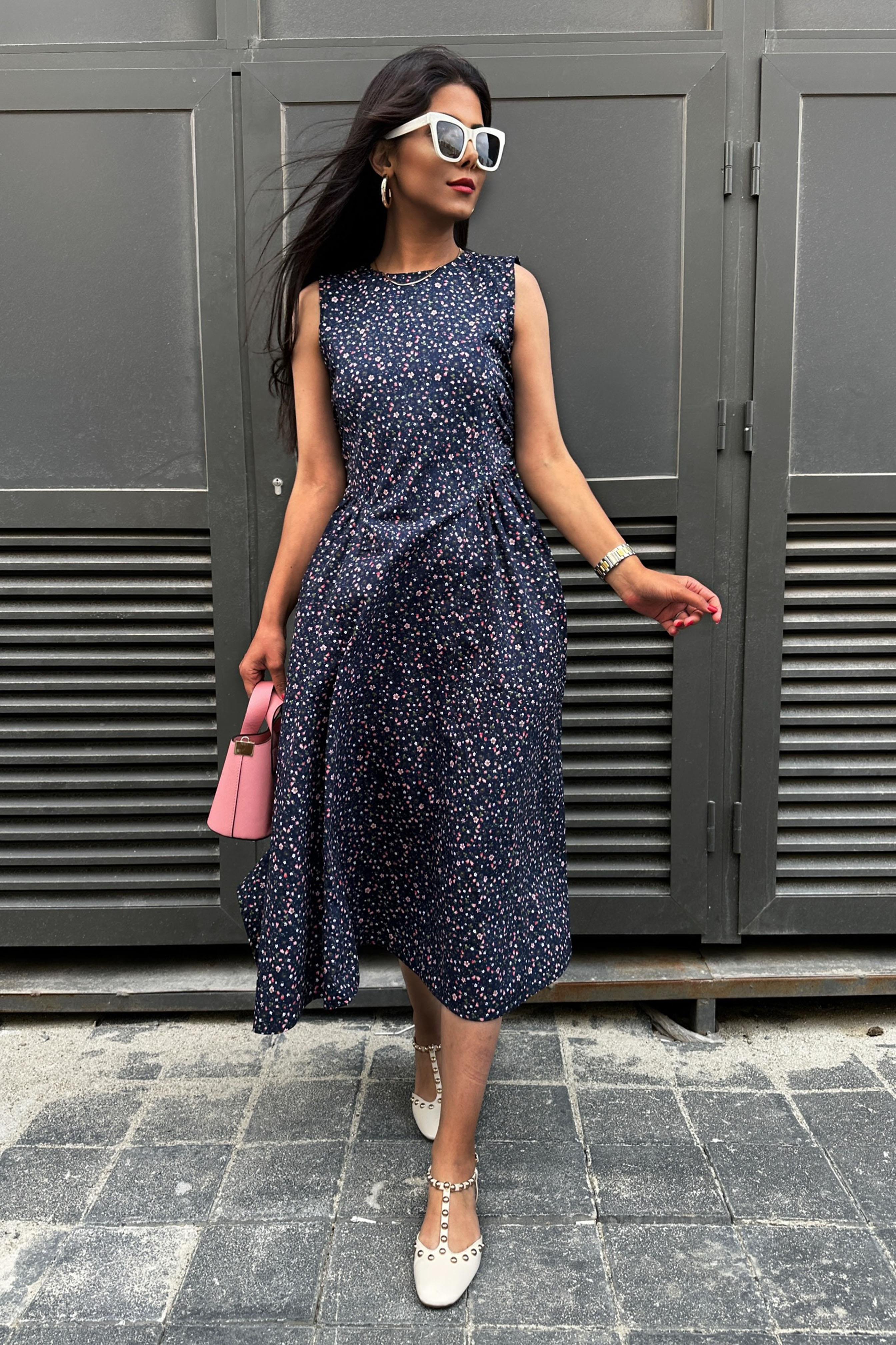 Drape Detay Çıtır Desen Poplin Elbise Lacivert